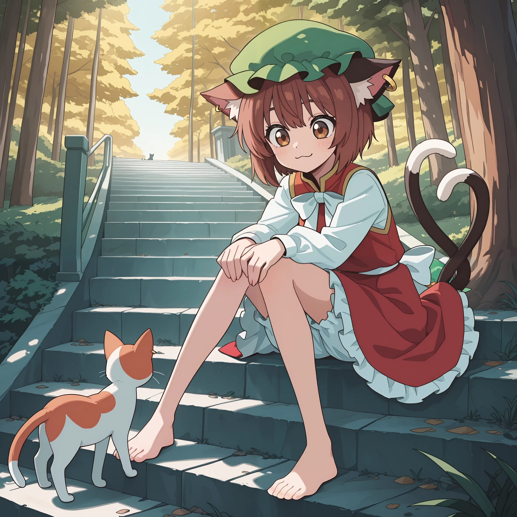 masterpiece, best quality, amazing quality, very aesthetic, high resolution, ultra-detailed, absurdres, newest, Anime screencap, highly detailed, high quality, hyper-Detailed, mistico_ILL. BREAK. 1girl, stairs, cat, tail, animal ears, cat ears, cat tail, barefoot, hat, sitting on stairs, brown hair, multiple tails, solo, sitting, mob cap, short hair, brown eyes, long sleeves, bloomers, bow, bowtie, nekomata, two tails, green headwear, underwear, dress, red dress, outdoors, :3, petticoat, tree, frills, hoop piercing, white bowtie, closed mouth, smile, jewelry, full body, shirt, white bow, toes, vest, animal, hands on own knees, feet, knees together feet apart, animal ear piercing
