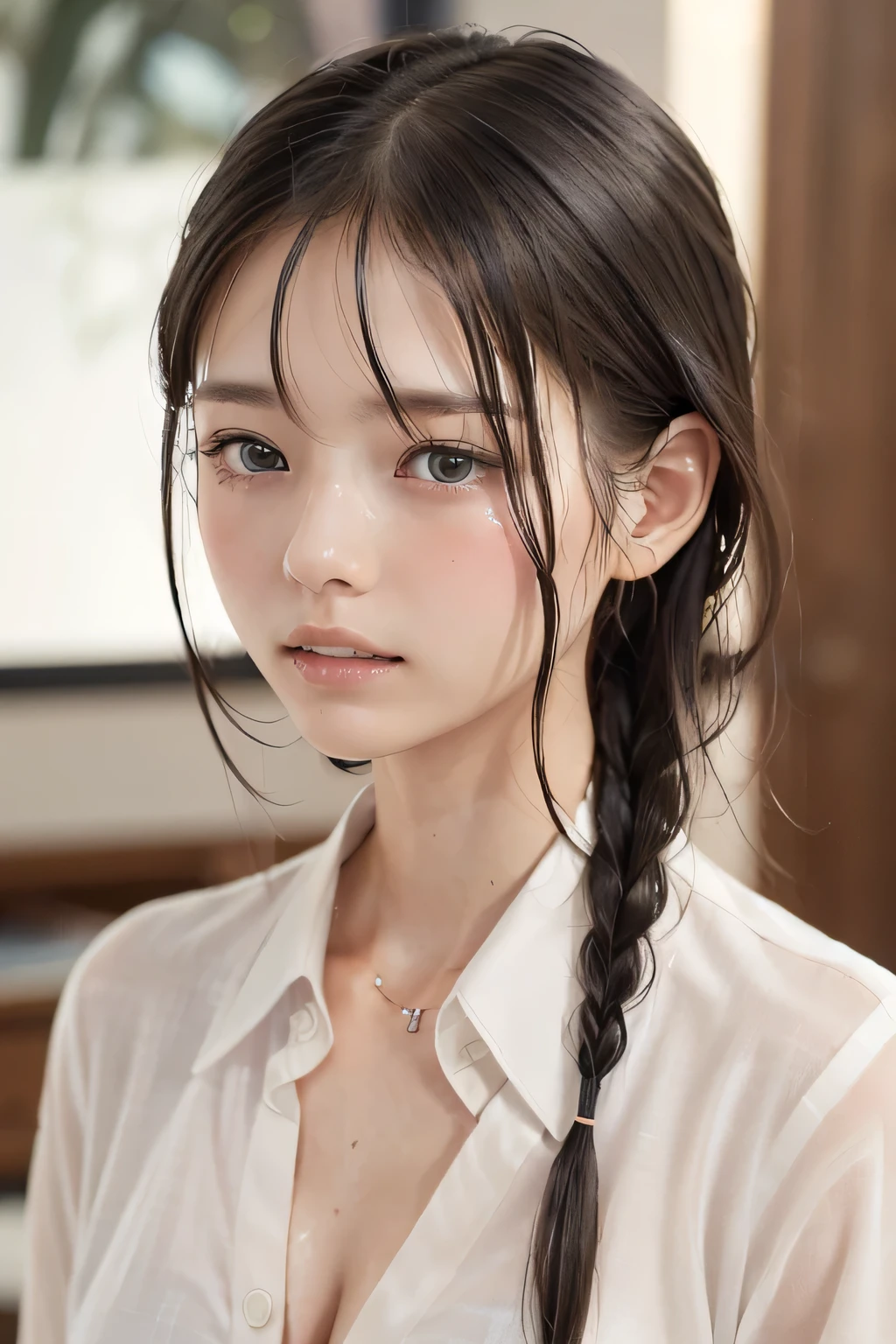 (8k, RAW photo, photorealistic:1.25), (Soaking wet hair, wet short two braids hair, Soaking sweaty hair:1.5), (lip gloss, eyelashes, Shiny surface, Glossy Skin, best quality, ultra highres, allows depth of field, Color Difference , caustics, blow lighting , Natural Shading, kpop idol), (cleavage, flat chest, naked white shirt, nude, short sleeve shirt, Unbuttoned shirt:1.7), crying, tears, tearing, sadness, (dark background, indoor, dark bedroom, night view:1.4)