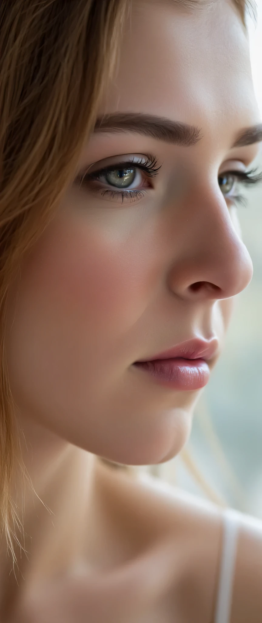 Sexy Sharp nose ethereal aesthetic,pale skin lady, translucent Skin,PERFECT MASTERPIECE, EXTREMELY DETAILED CG UNITY 32K UHD QUALITY RESOLUTION WALLPAPER, PHOTOREALISTIC, RAW PHOTO, PERFECT PHOTOGENIC CLARITY, OFFICIAL ART, AWARD-WINNING PORTRAIT, ULTRA HYPER-REALISTIC, ULTRA HYPER-DETAILED, SHINY REALISTIC SKIN, RAY TRACING, UNREAL ENGINE 5.8K, GLOWING AMBIENT LIGHT cyberpunk,adorable face portrait,bow-shaped lips,She has very large,saggy breasts with prominent,detailed nipples. She has a sexy waist,and sexy curves. She is ultra-busty,with giant,heavy,natural-looking breasts that appear both fit and exaggerated in size. Heterochromia,looking out an open window,hair blowing in wind,profile shot