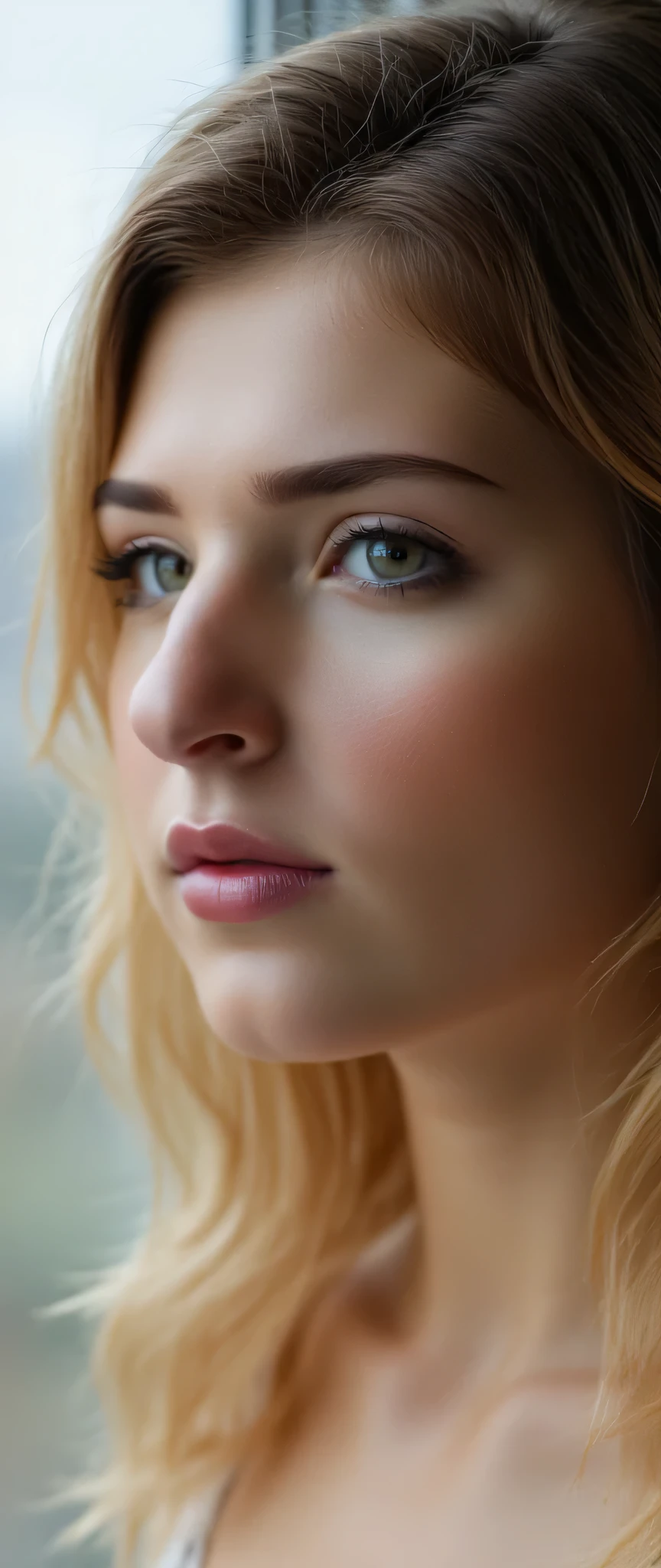 Sexy Sharp nose ethereal aesthetic,pale skin lady, translucent Skin,PERFECT MASTERPIECE, EXTREMELY DETAILED CG UNITY 32K UHD QUALITY RESOLUTION WALLPAPER, PHOTOREALISTIC, RAW PHOTO, PERFECT PHOTOGENIC CLARITY, OFFICIAL ART, AWARD-WINNING PORTRAIT, ULTRA HYPER-REALISTIC, ULTRA HYPER-DETAILED, SHINY REALISTIC SKIN, RAY TRACING, UNREAL ENGINE 5.8K, GLOWING AMBIENT LIGHT cyberpunk,adorable face portrait,bow-shaped lips,She has very large,saggy breasts with prominent,detailed nipples. She has a sexy waist,and sexy curves. She is ultra-busty,with giant,heavy,natural-looking breasts that appear both fit and exaggerated in size. Heterochromia,looking out an open window,hair blowing in wind,profile shot