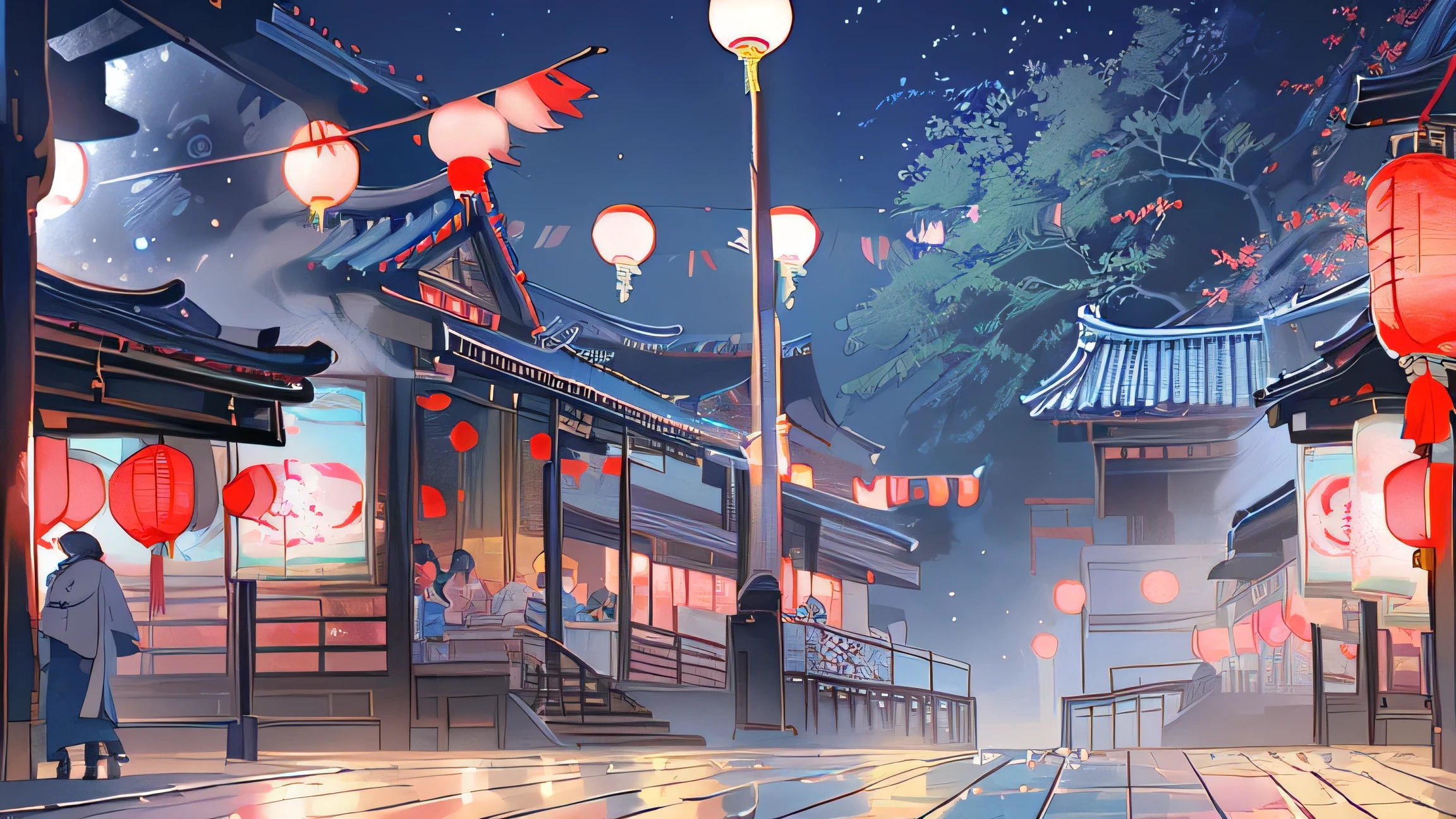 ( Chinese Style), Ancient China , Dream Chinatown , Chinese style love ancient street,Chinese Architecture,Tile house ,Night festival street ,Lively street,lantern,Festival Atmosphere ,Happy Street,illustration, night, fireworks,festival,Game CG,, (illustration: 1.0), epic composition , True Light , High Resolution Details , masterpiece, best quality, ( Very Detailed CG8K Wallpaper )(Small stall),(market), lots of people ,逛market,Little vendors