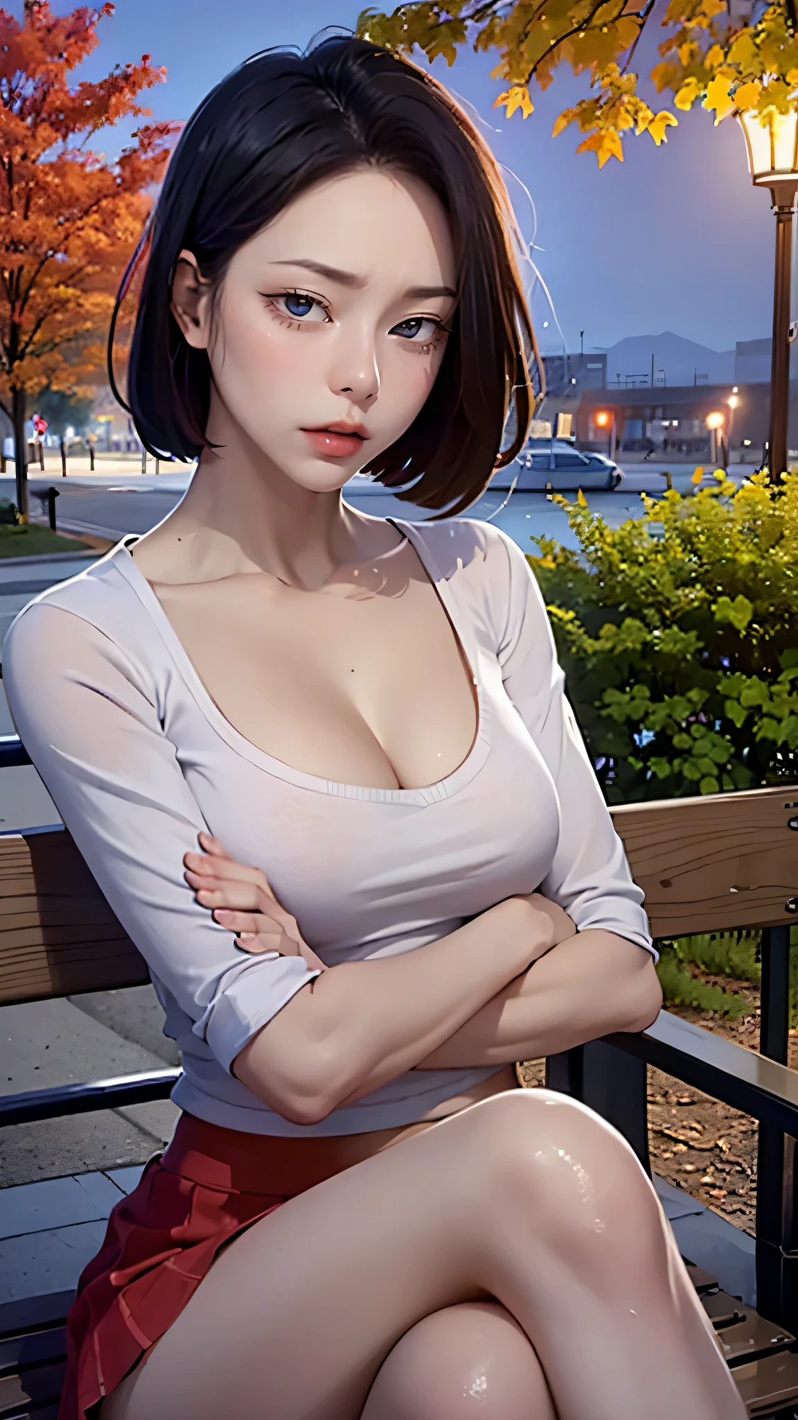 Upper body, ((Random Sexy pose)), ((Ultra detailing)), (very aesthetic, best quality, ultra detailed), intricate details, 1girl, short hair, Blue inner hair , ((Detailed eyes)), ((Beautiful eyes)), ((prefect eyes)), sharp jawline, Medium breasts, Blush, medium breast, face with a sullen expression, (Sweater, crop top, cleavage, Skirt, Pantyhose), print, (Sit on Park bench, looking to viewers, Crossed legs, low angle view) , (Background : night, garden lamp, Garden, Tree, Red moon, fall, fallen leaves)