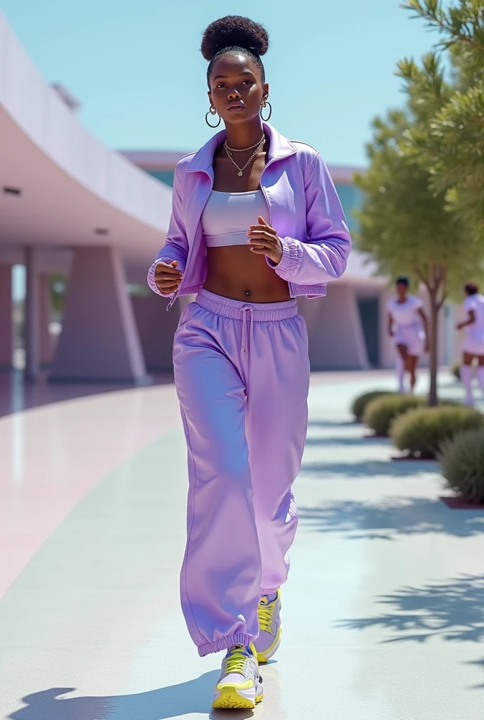 (8k, ARTISTIC photography, best quality, masterpiece: 1.2), (realistic, photorealistic: 1.37), over-detailed, (high-detail skin: 1.2), 8k uhd, SLR camera, soft lighting, high quality, film grain, Arri Alexa mini,, professional lighting, photonic display, brightness, physically rendered photo (cyber punk Girl, hacker, dark skin, Afro-american, shopping in a bodega ), beautiful face ((Teyonah Parris)), ((half smile)), over-detailed face, (((big open eyes))), beautiful body, toned body, perky breast (( dressed in crop purple bomber jacket)), (((over-detailed clothing))), (((the color of the clothes is purple))), (((futuristic minimalist outfits))), posing, in a local small grocery shop as background, (((pure 8K))), (((perfect anatomy))), extremely high-quality graphics, midday sunlight, (((cinematic lighting))), ((clear details)), complex, highly detailed background,