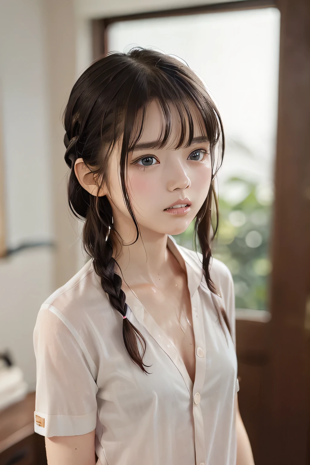 (8k, RAW photo, photorealistic:1.25), (Soaking wet hair, wet short two braids hair, Soaking sweaty hair:1.5), (lip gloss, eyelashes, Shiny surface, Glossy Skin, best quality, ultra highres, allows depth of field, Color Difference , caustics, blow lighting , Natural Shading, kpop idol), (cleavage, flat chest, naked white shirt, nude, short sleeve shirt, Unbuttoned shirt:1.7), crying, tears, tearing, sadness, (dark background, indoor, dark bedroom, night view:1.4)