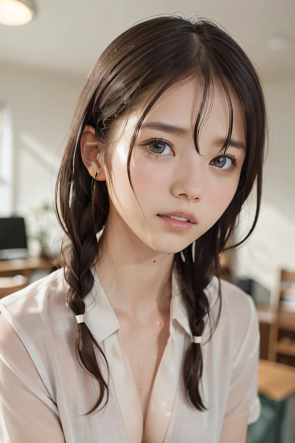 (8k, RAW photo, photorealistic:1.25), (Soaking wet hair, wet short two braids hair, Soaking sweaty hair:1.5), (lip gloss, eyelashes, Shiny surface, Glossy Skin, best quality, ultra highres, allows depth of field, Color Difference , caustics, blow lighting , Natural Shading, kpop idol), (cleavage, flat chest, naked white shirt, nude, short sleeve shirt, Unbuttoned shirt:1.7), crying, tears, tearing, sadness, (dark background, indoor, dark bedroom, night view:1.4)