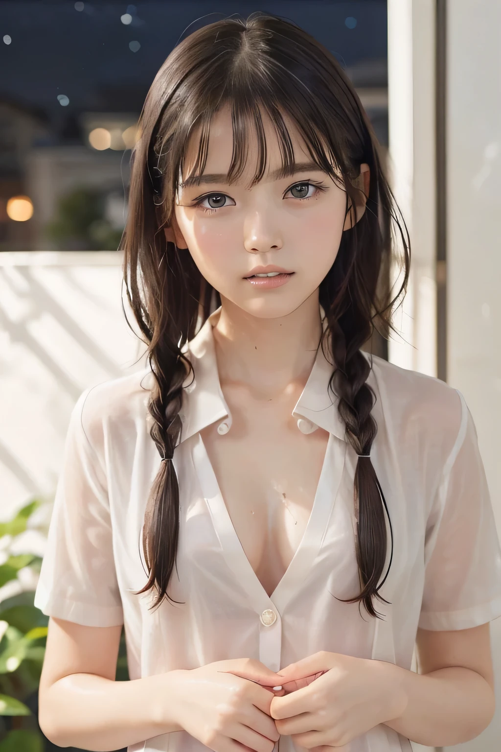(8k, RAW photo, photorealistic:1.25), (Soaking wet hair, wet short two braids hair, Soaking sweaty hair:1.5), (lip gloss, eyelashes, Shiny surface, Glossy Skin, best quality, ultra highres, allows depth of field, Color Difference , caustics, blow lighting , Natural Shading, kpop idol), (cleavage, flat chest, naked white shirt, nude, short sleeve shirt, Unbuttoned shirt:1.7), crying, tears, tearing, sadness, (dark background, indoor, dark bedroom, night view:1.4)