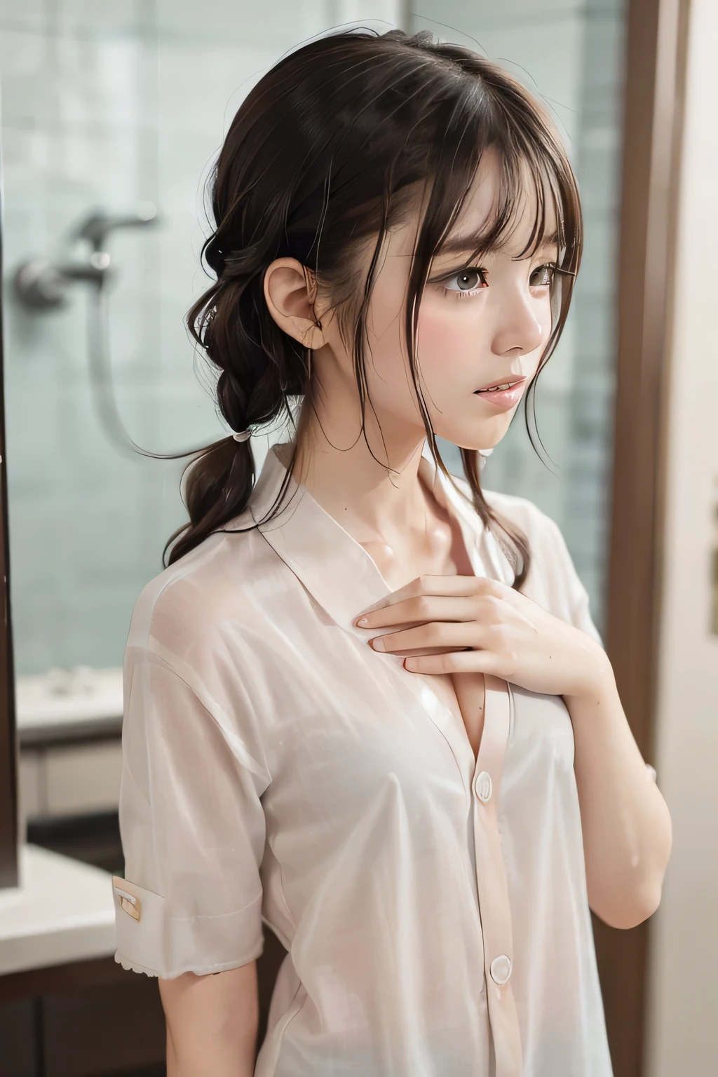 (8k, RAW photo, photorealistic:1.25), (Soaking wet hair, wet short two braids hair, Soaking sweaty hair:1.5), (lip gloss, eyelashes, Shiny surface, Glossy Skin, best quality, ultra highres, allows depth of field, Color Difference , caustics, blow lighting , Natural Shading, kpop idol), (cleavage, flat chest, naked white shirt, nude, short sleeve shirt, Unbuttoned shirt:1.7), crying, tears, tearing, sadness, (dark background, indoor, dark Bath changing room, bathroom:1.4)