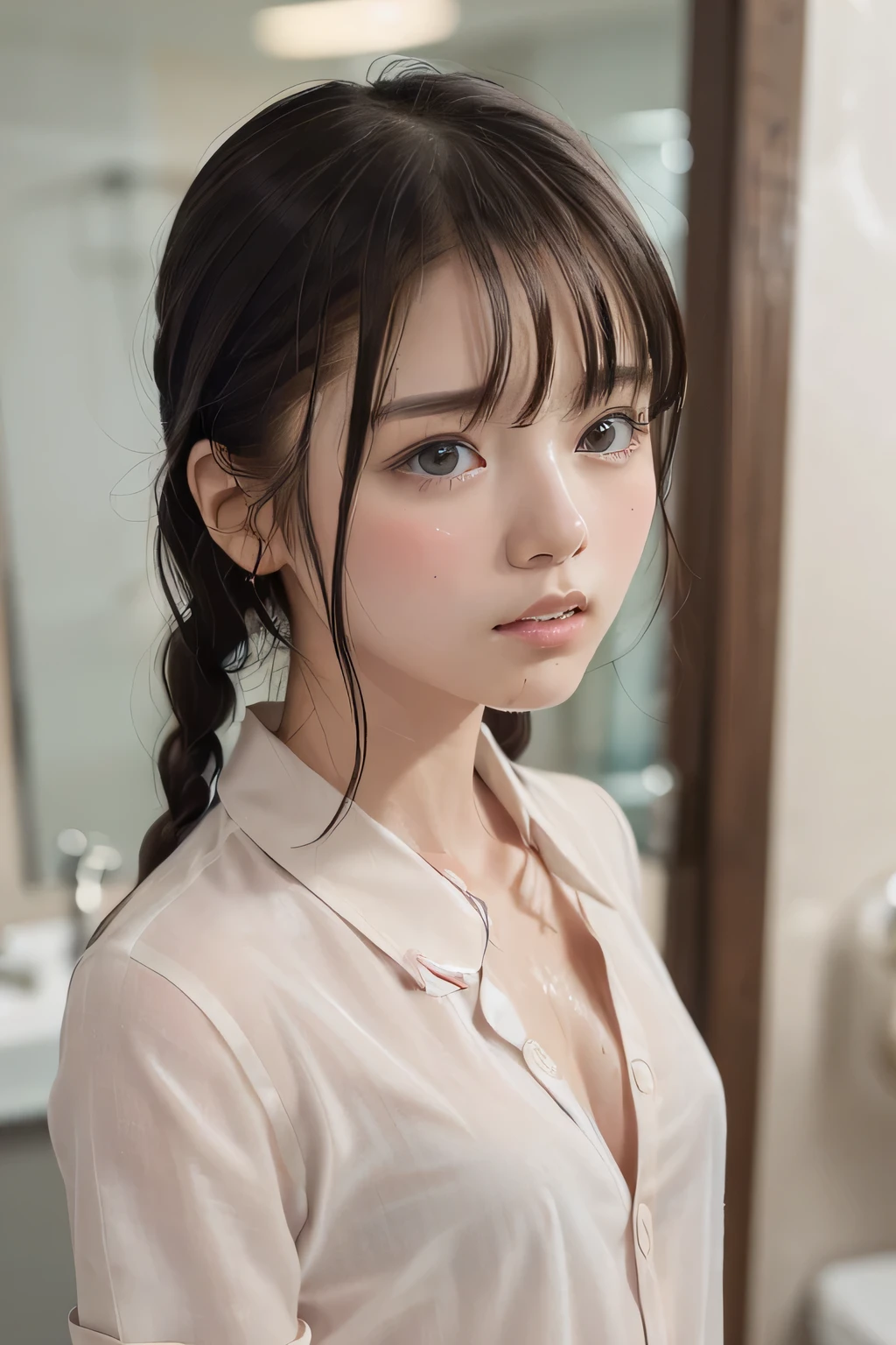 (8k, RAW photo, photorealistic:1.25), (Soaking wet hair, wet short two braids hair, Soaking sweaty hair:1.5), (lip gloss, eyelashes, Shiny surface, Glossy Skin, best quality, ultra highres, allows depth of field, Color Difference , caustics, blow lighting , Natural Shading, kpop idol), (cleavage, flat chest, naked white shirt, nude, short sleeve shirt, Unbuttoned shirt:1.7), crying, tears, tearing, sadness, (dark background, indoor, small changing room, bathroom:1.4)