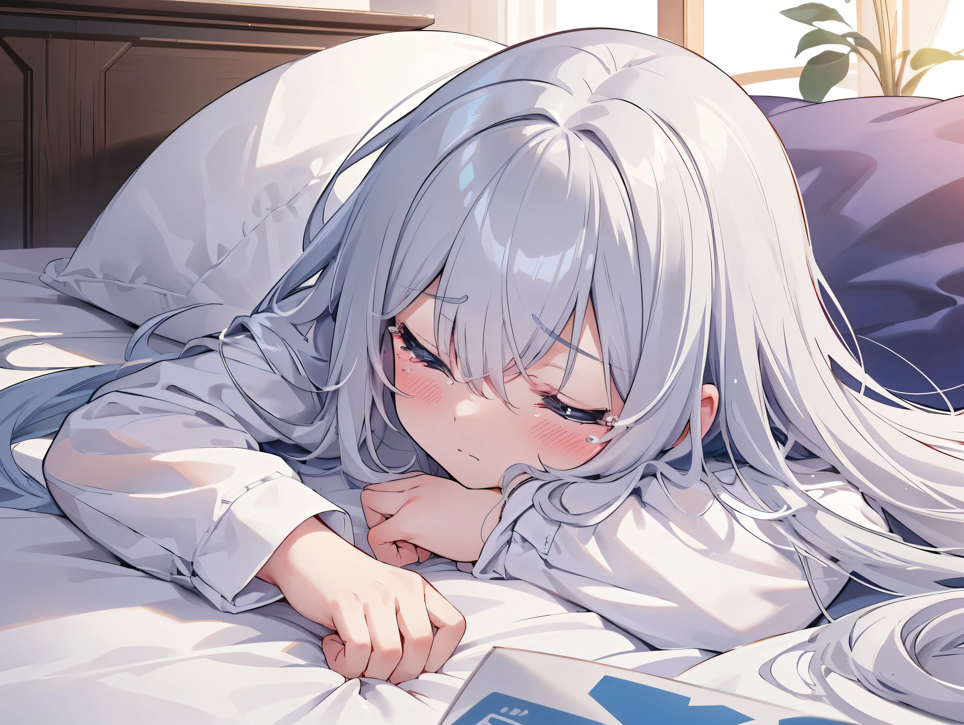 Chibi、Lying, Closed eyes, Sleeping,profile、masterpiece、top-quality、Top image quality、white hair、Scattered hair、Broken glass、