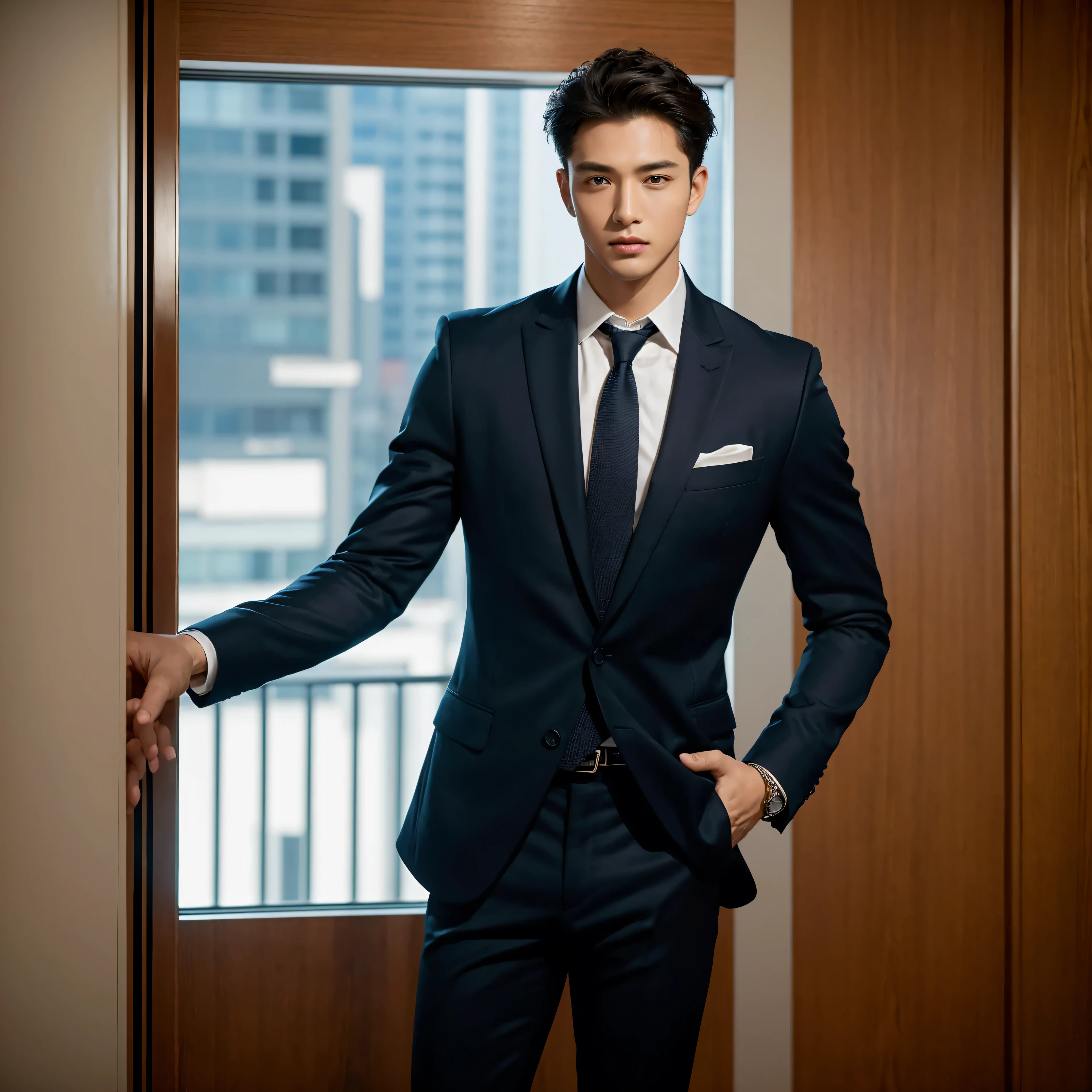 Arafed man in a suit and tie standing in front of a window - SeaArt AI