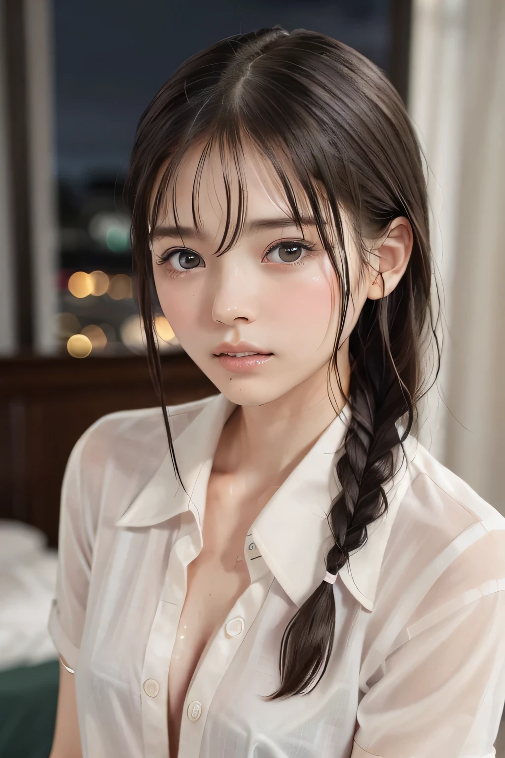 (8k, RAW photo, photorealistic:1.25), (Soaking wet hair, wet short two braids hair, Soaking sweaty hair:1.5), (lip gloss, eyelashes, Shiny surface, Glossy Skin, best quality, ultra highres, allows depth of field, Color Difference , caustics, blow lighting , Natural Shading, kpop idol), (cleavage, flat chest, naked white shirt, nude, short sleeve shirt, Unbuttoned shirt:1.7), crying, tears, tearing, sadness, (dark background, indoor, dark bedroom, night view:1.4)