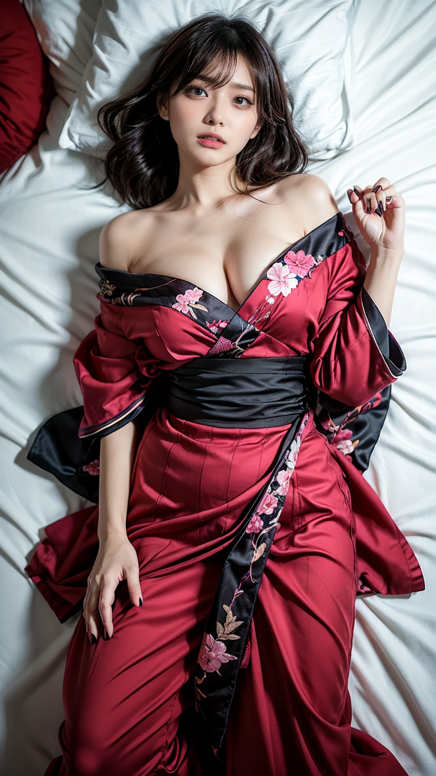 Beautiful young Margaret Qualley, glasses, Japanese themed dress, hyperrealistic, , model body, big breasts, beautiful breasts, big hips, long hair, ponytail, long legs, 8k, oriental house, cherry blossom, sunrise , light lighting, lying in bed, legs, sex pose