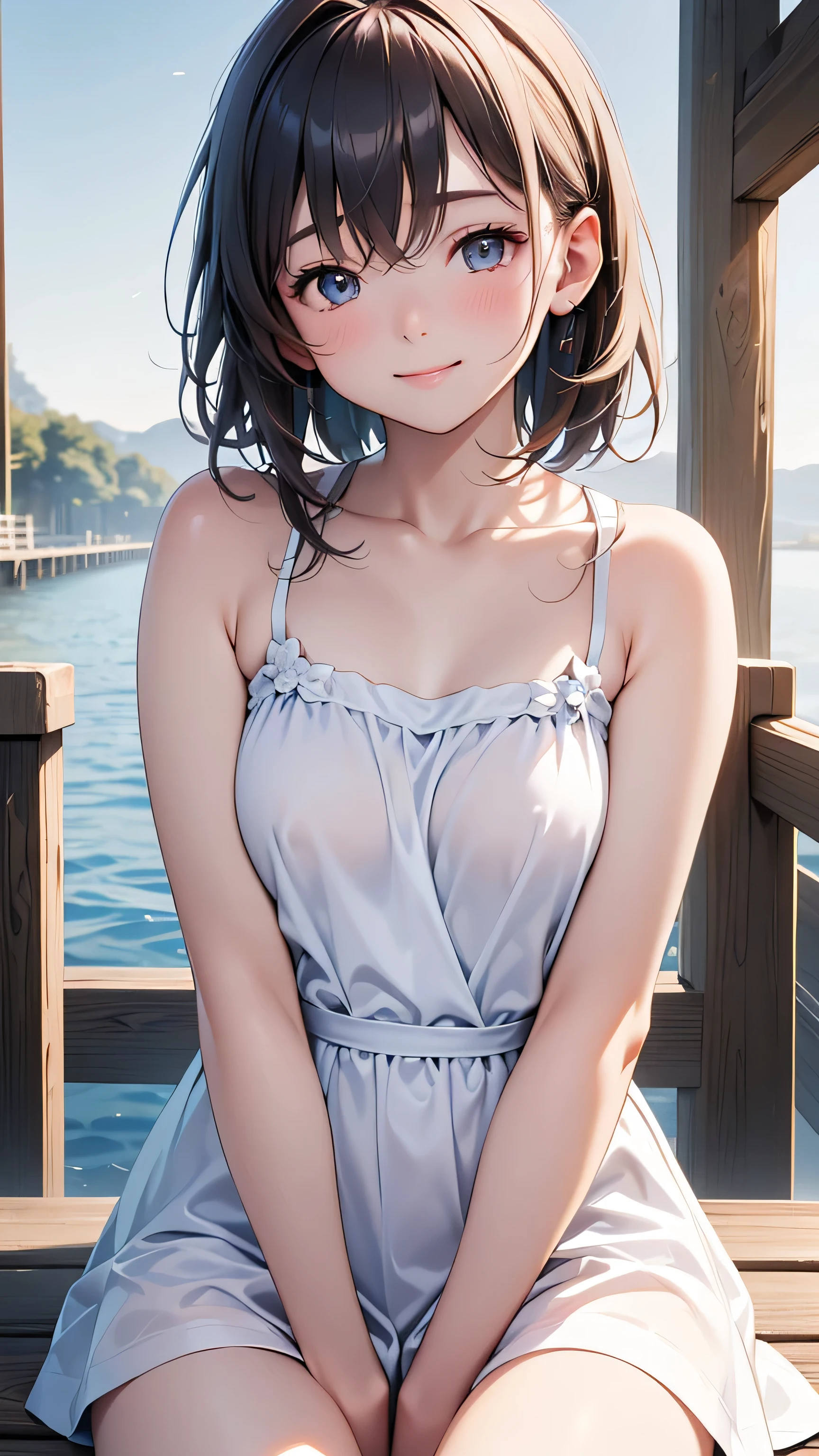 A pier with a beautiful night sky、最 high quality, focus on face , Soft light, 超 high resolution , ( photorealistic under white micro:1.4), RAW Photo , 1 personの日本人の女の子, alone, ( long hair), Staircase Background( portrait photo 、 dynamic、 iris、 colorful)、 close your eyes and smile( Details)、, I'm listening to music with my elbow on the table and my hand on my chin、 Iris wearing clothes 、one person、A girl with headphones is sitting、TWIN SHORT HAIR ( two-tone hair color)、Accurate limbs( Details )、Eyes of the Abyss 、See-through t-shirt、1 person、 high quality, 最 high quality, photorealistic under white micro, RAW photos , by Nomi, Ultra-realistic 8K CG, Super details,((Accurate limbs:1.2, by Nomi:1.3, RAW photos :1.3, Masterpiece、最 high quality、Ultra - high resolution、 high resolution、非常に Details CG、8k)),