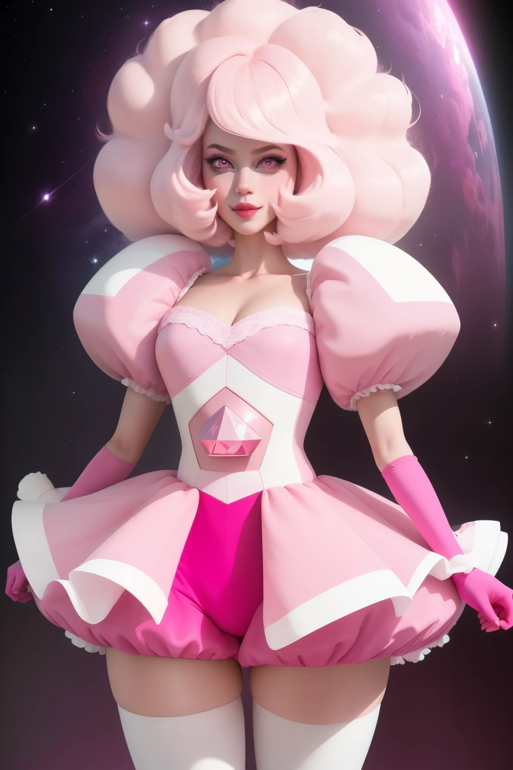 pnkdamond, pink hair, pink eyes, long hair, stomach gem, pink skin, toned,
puffy short sleeves, elbow gloves , white thighs, Puffy dress,
standing, Upper part of the body,
outer space,
(incredibly detailed, beautiful detailed face,Beautiful detailed eyes, Masterpiece, Best Quality) cinematic lighting, SMILE,
