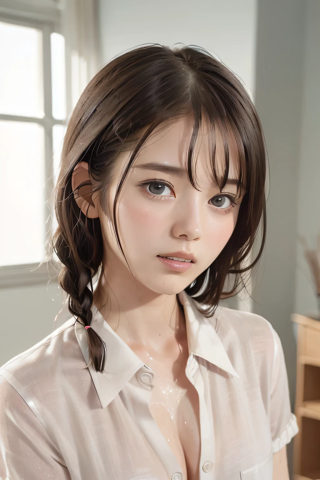 (8k, RAW photo, photorealistic:1.25), (Soaking wet hair, wet short two braids hair, Soaking sweaty hair:1.5), (lip gloss, eyelashes, Shiny surface, Glossy Skin, best quality, ultra highres, allows depth of field, Color Difference , caustics, blow lighting , Natural Shading, kpop idol), (cleavage, flat chest, naked white shirt, nude, short sleeve shirt, Unbuttoned shirt:1.7), crying, tears, tearing, sadness, (dark background, indoor, dark bedroom, night view:1.4)