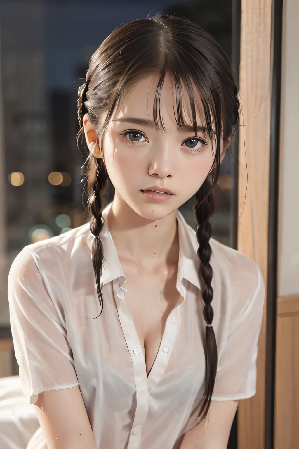 (8k, RAW photo, photorealistic:1.25), (Soaking wet hair, wet short two braids hair, Soaking sweaty hair:1.5), (lip gloss, eyelashes, Shiny surface, Glossy Skin, best quality, ultra highres, allows depth of field, Color Difference , caustics, blow lighting , Natural Shading, kpop idol), (cleavage, flat chest, naked white shirt, nude, short sleeve shirt, Unbuttoned shirt:1.7), crying, tears, tearing, sadness, (dark background, indoor, dark bedroom, night view:1.4)