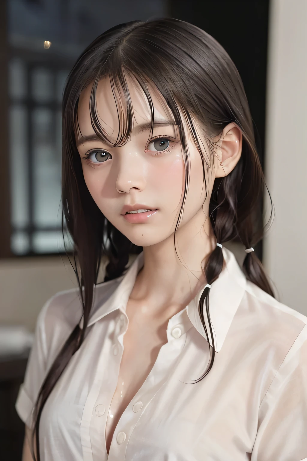 (8k, RAW photo, photorealistic:1.25), (Soaking wet hair, wet short two braids hair, Soaking sweaty hair:1.5), (lip gloss, eyelashes, Shiny surface, Glossy Skin, best quality, ultra highres, allows depth of field, Color Difference , caustics, blow lighting , Natural Shading, kpop idol), (cleavage, flat chest, naked white shirt, nude, short sleeve shirt, Unbuttoned shirt:1.7), crying, tears, tearing, sadness, (dark background, indoor, dark bedroom, night view:1.4)
