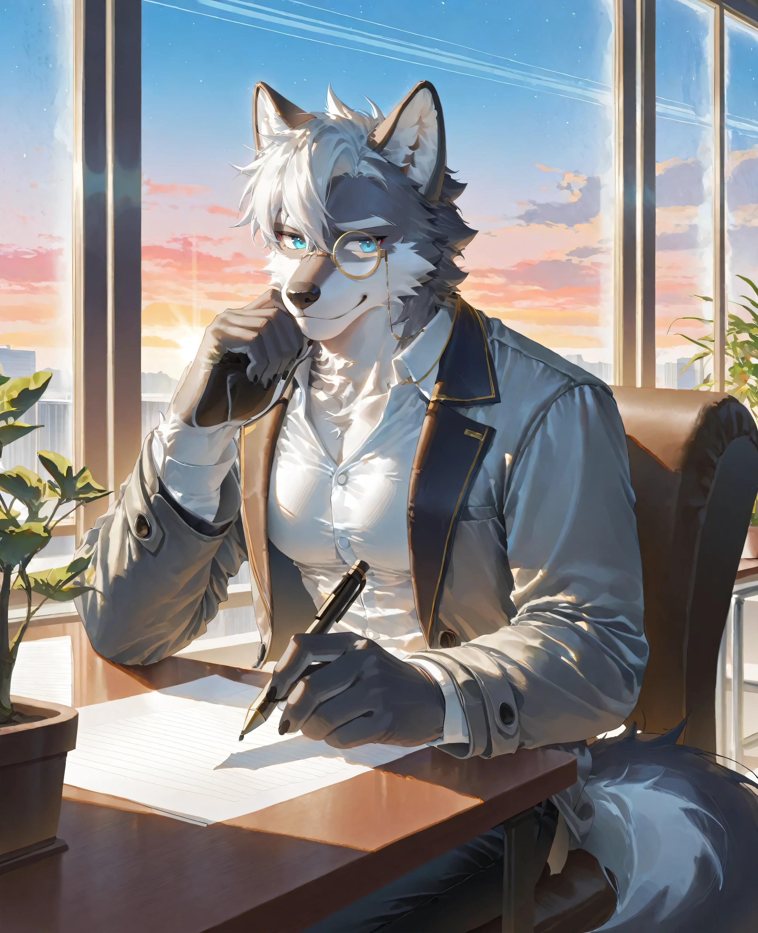 sfw,solo,source_furry, anime,highres,masterpiece,best quality,furry male,grey wolf, wolf_male,ager,(grey fur:1.5, two-tone fur),white short hair, bangs,fake animal ears,wolf ears,cocked eyebrow,(deep blue eyes,black pupils,detailed_pupils,detailed eyes:1.4,beautiful eyes:1.2),shapely,snout,pectorals,absolute_territory,absurdres,(,thin muscle,shapely body,),collarbone, (1 tail:1.1, wolf tail,thin tail,tail beside body,),in office,dusk,full_shot,(grey coat,white shirt,black pants,brown shoes,monocle),(textured fur,animal hand,black nails,five fingers:1.2, good hands),(peaceful face:1.3,light smile),(sitting on chair,writing,arms on desk,holding a pen in hand),(inside,office,sofa,telephone,office desk and chair,frosted glass windows,potted plant),looking_at_viewer, ((lindong:0.8),(by null-ghost:0.8),huashijw,(asteroid_ill:0.8),(smile \(qd4nsvik\):0.9),(huashijw),[artist:ningen_mame],[artist:sho_(sho_lwlw)],suzumi \(ccroquette\),(chung0u0:0.3),cg)),UHD, ray tracing,full_shot,looking_away,from_side:1.1,front_view,head_tilt,depth of field,golden_hour_lighting