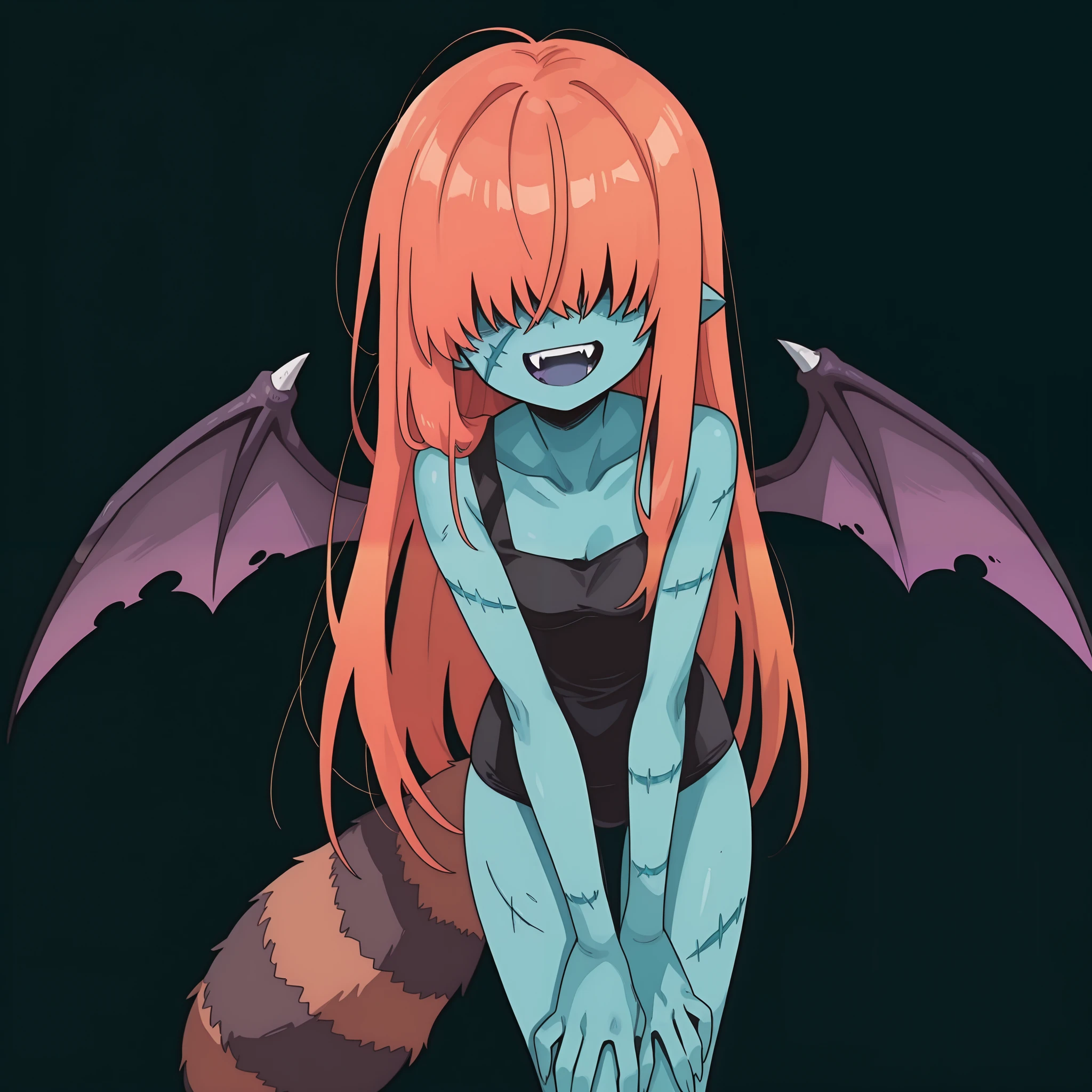 masterpiece, best quality, amazing quality, very aesthetic, high resolution, ultra-detailed, absurdres, newest, Anime screencap, highly detailed, high quality, hyper-Detailed, mistico_ILL. BREAK. 1girl, solo, tail, raccoon tail, wings, blue skin, colored skin, orange hair, black background, smile, open mouth, hair over eyes, simple background, bat wings, fangs, scar, zombie