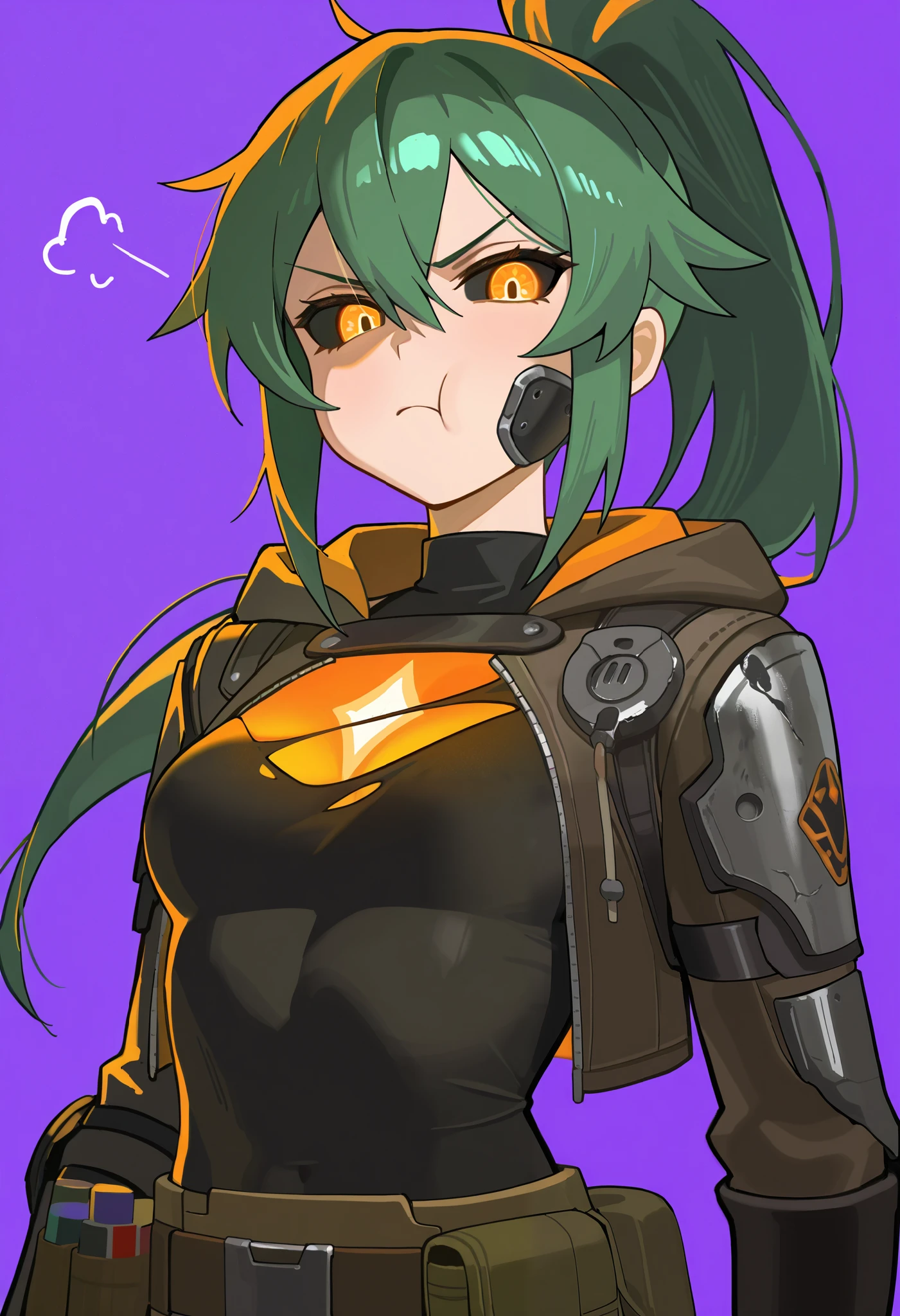 1girl, solo, (simple background), orange glow eyes, black_sclera, purple background, (upper body at the waist), tall woman, medium breasts, postap clothes, ((torn oldclothes)), bresent clothes, ((annoyed face)), upper body, ((Masterpiece)), (( top quality), high definition, detailed face , clean eyes, A brutal big mask on his face , an indignant face , (dinamic amature composition), (one thick pigtail), ((small breasts)), random torn clothes, bundles of cartridges, a bunch of grenades, solo, the hood, Hair long green ponytail from the hood, glare in the eyes,puffy cheeks,