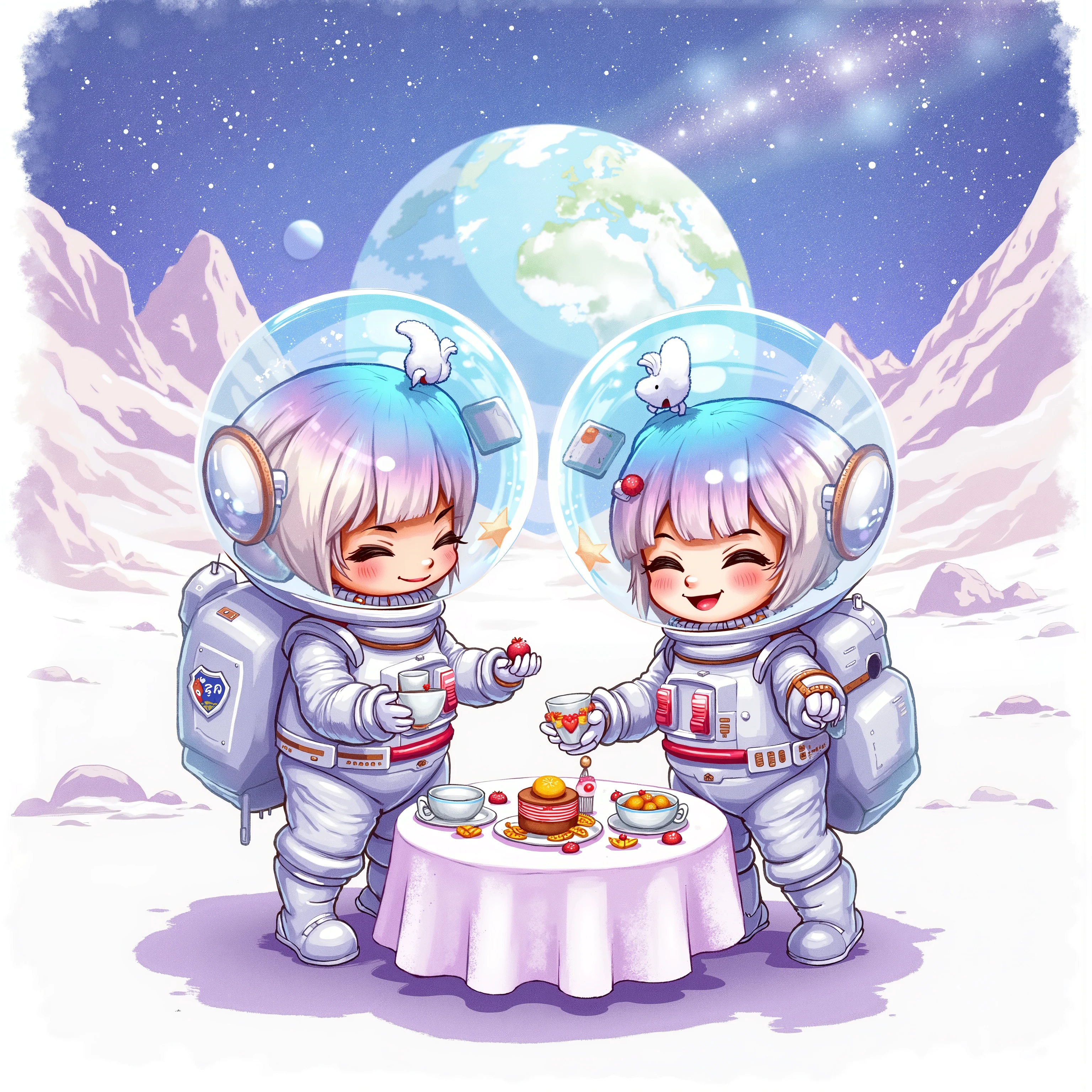 watercolor painting, two astronauts having a tea party on the moon, chibi style, faded watercolor effect, vibrant coloring, earth in back ground