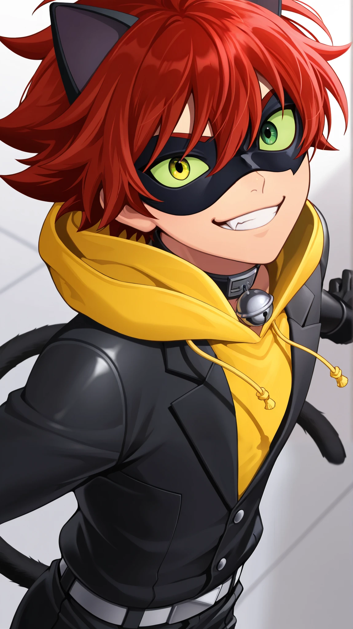 a guy anime character wear a black domino eye mask, 1boy, solo, male focus,hush_middy,1boy, cat noir,green eyes,hush_middy,uniform, collar up, pilot suit,fair skin,bell, tight black leather suit, belt tail, green eyes, green sclera, broad shoulders, black hero mask, black cat ears, clawed fingers,face focus,mysterious grin,fang out, reki kyan, 1boy, solo, red hair, yellow eyes,yellow hoodie, black jacket