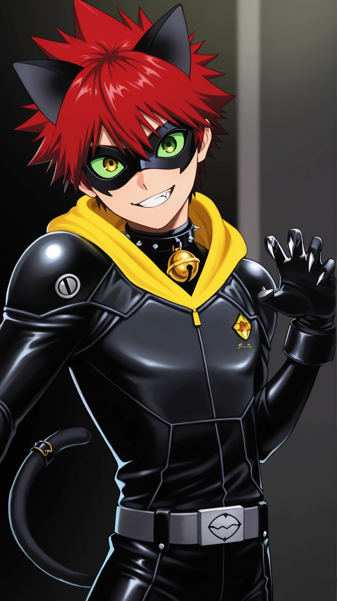 a guy anime character wear a black domino eye mask, 1boy, solo, male focus,hush_middy,1boy, cat noir,green eyes,hush_middy,uniform, collar up, pilot suit,fair skin,bell, tight black leather suit, belt tail, green eyes, green sclera, broad shoulders, black hero mask, black cat ears, clawed fingers,face focus,mysterious grin,fang out,yellow hoodie, black jacket, souma_yukihira, red hair, yellow eyes, spiked hair,