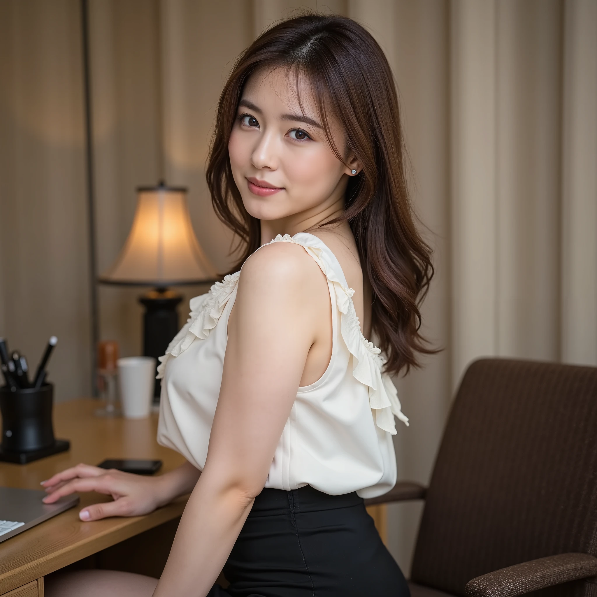 『 one Japanese woman:1.3』『 real 写真:1.3』 highest quality:1.2、((Big Breasts))、 teeth clenching、(( young woman))、(( has red cheeks ))『笑顔で teeth clenching:1.9』、((( anatomically correct、 perfect anatomy、 anatomically correct指)))、 real 、 highest quality、 ultra high resolution、 RAW photos 、( curvy body)、Beautiful Japanese woman、 wearing a white blouse and black tight skirt 、Sitting at her desk 、 plump She stands to wrap around her figure 。。 She highlights her curvaceous beauty to be envied 。 she provocatively sticks out her butt 、In a black mini skirt、With a mischievous expression、 shows off her hip line 。 the light falling from her smooth skin 、 highlights all her curves and textures in high-resolution images。 I'm watching her from behind 。 her delicate and seductive face 、 her unique depth 、 delicate eyes that carefully capture every line and shadow 、 the perfect skin texture on her face 、 is proof of her youth and radiance 。