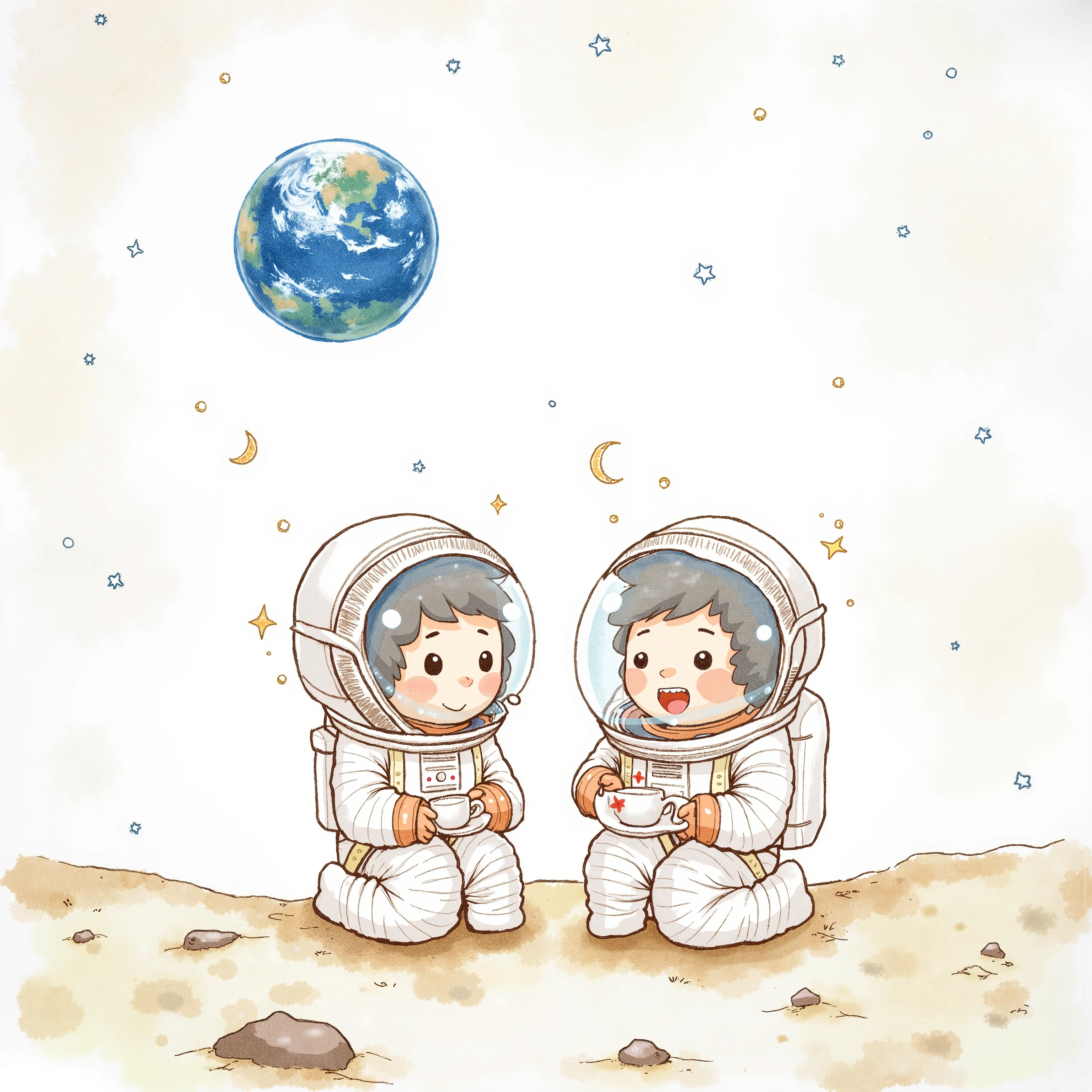 watercolor painting, two astronauts having a tea party on the moon, chibi style, faded watercolor effect, pastelcoloring, earth in back ground
