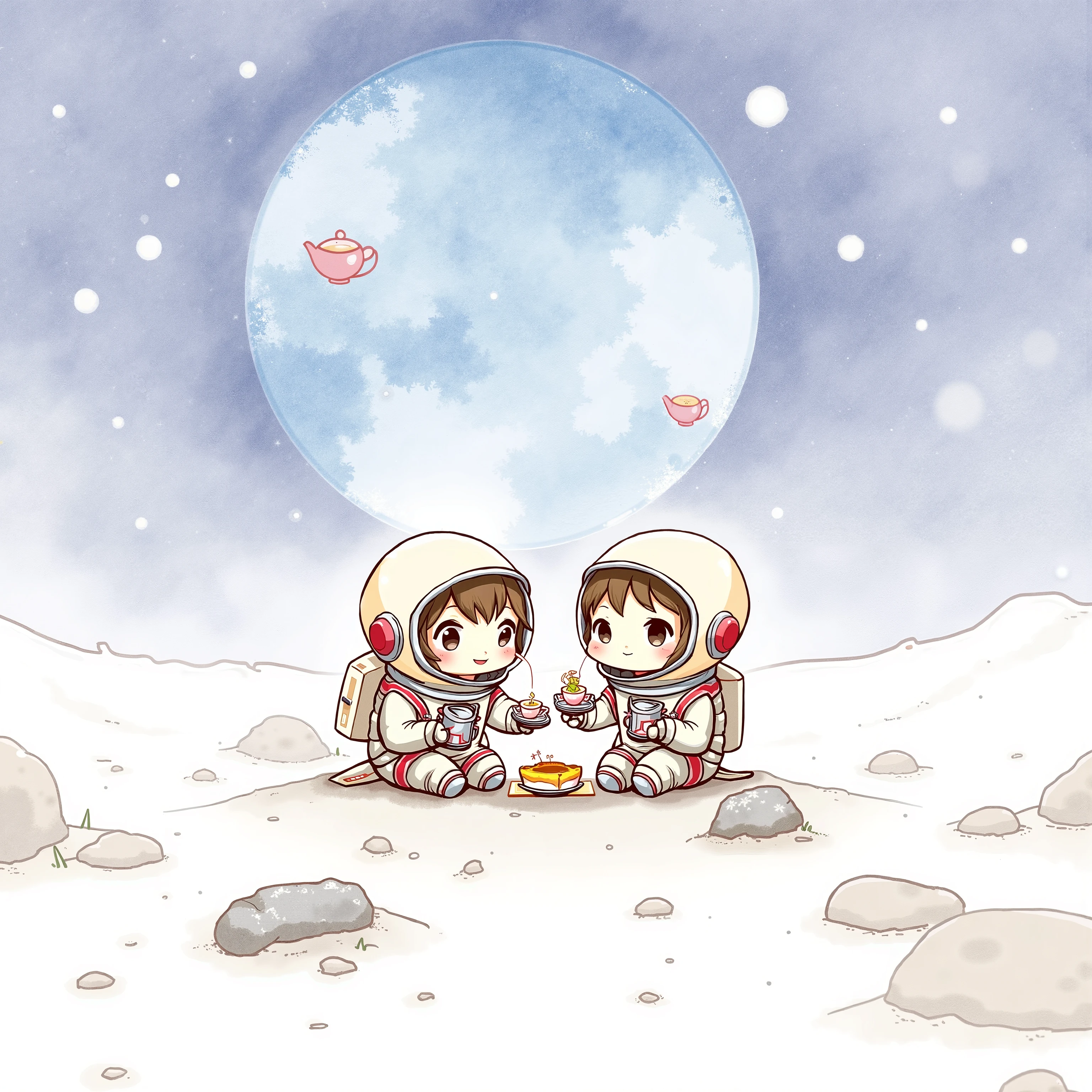 watercolor painting, two astronauts having a tea party on the moon, chibi style, faded watercolor effect, pastelcoloring, earth in back ground
