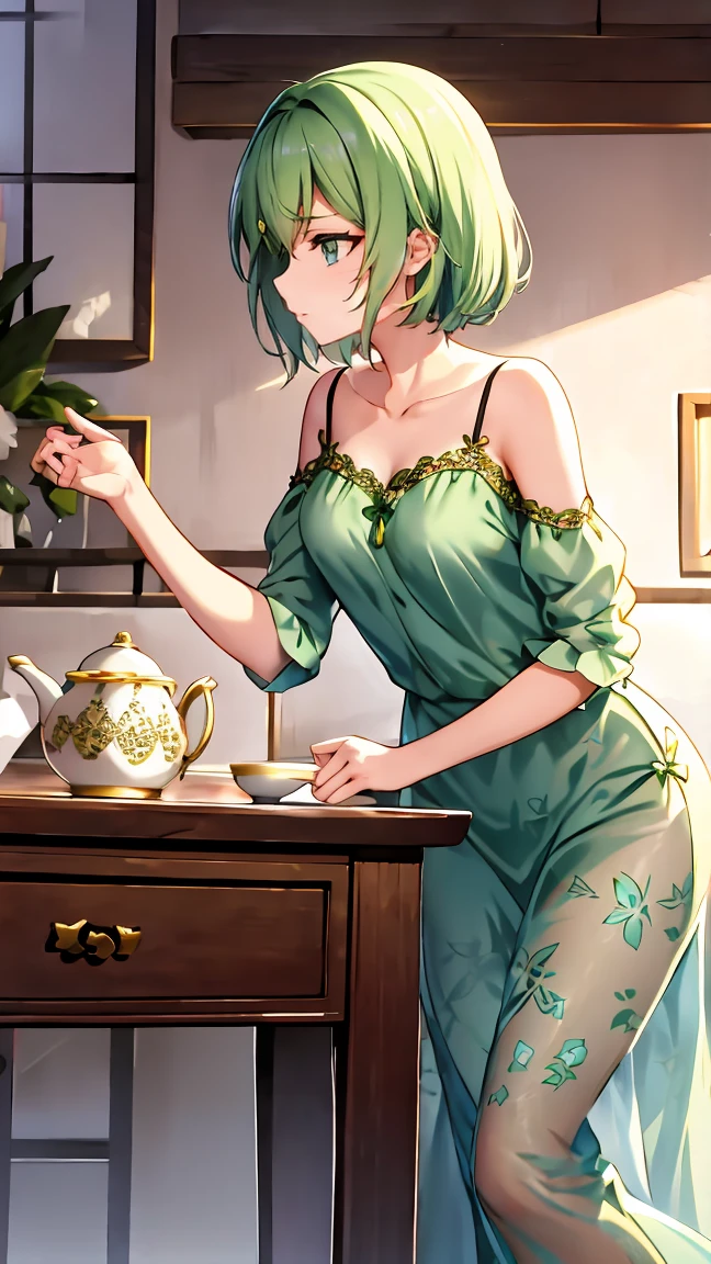 8k, masterpiece, best quality, highly detailed, 1girl, tiefling, warlock, multicolored hair, very short straight hair green highlight hair on white hair, strippled hair, wearing glasses, earrings, necklace, mole, glowing green eyes, glamorous, cafe , teal and purple summer dress, high heels, navel piercing, villainy, smirk, seductive pose, close up view, rings, looking at viewer, demon horns, sipping tea, fullbody view.