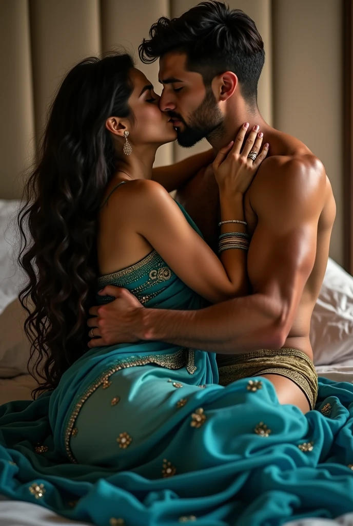 Indian girl wearing sexy black saree siting on the bed with one boy