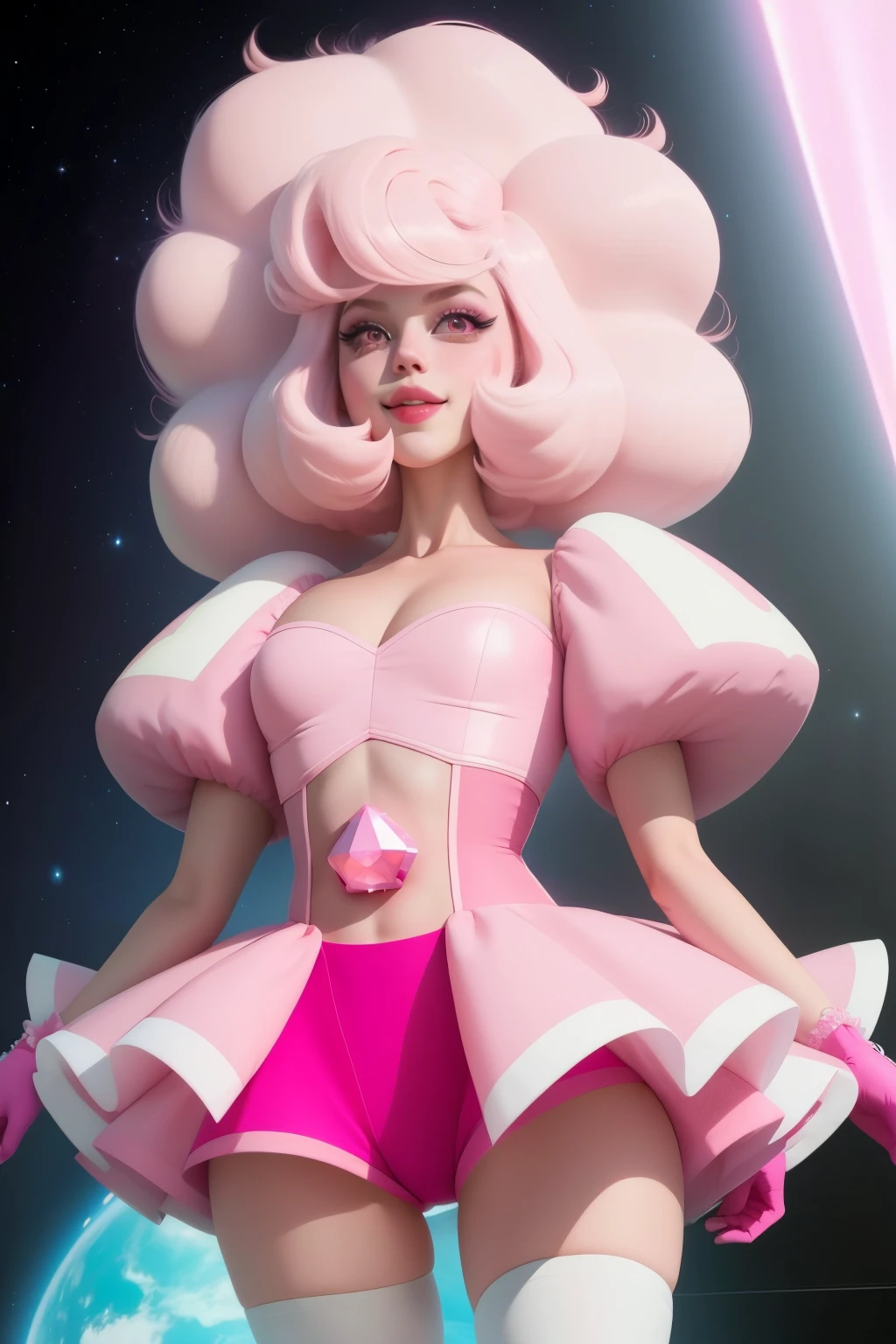 pnkdamond, pink hair, pink eyes, big hair, stomach gem, pink skin, toned,
puffy short sleeves, elbow gloves , white thighhighs, puffy dress,
standing, upper body,
outerspace,
(insanely detailed, beautiful detailed face,beautiful detailed eyes, masterpiece, best quality) cinematic lighting, smile,
