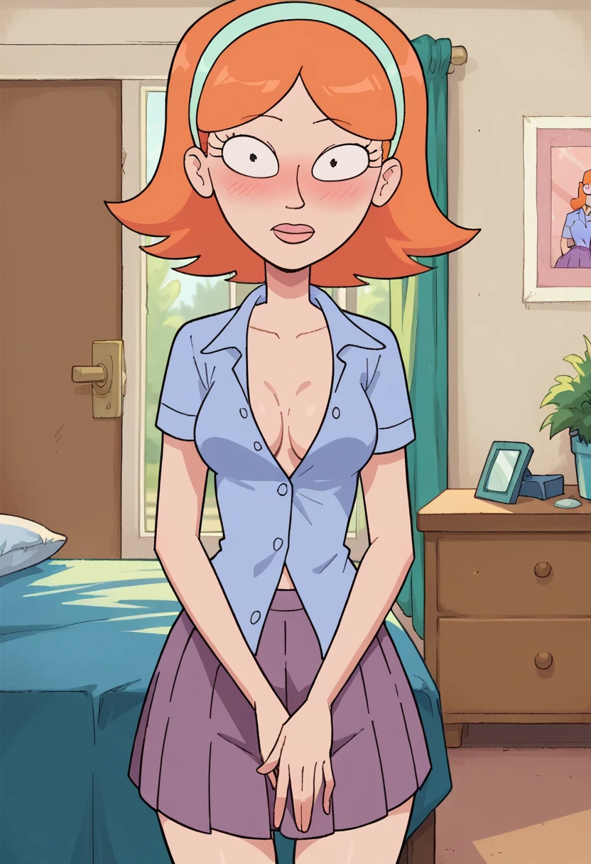a girl sexy attractive big breast beautiful cool popular short orange hair disheveled cut light red lip wears long light blue button shirt sensual curves and a short purple miniskirt pair short blue socks legs white heel she walking living room class