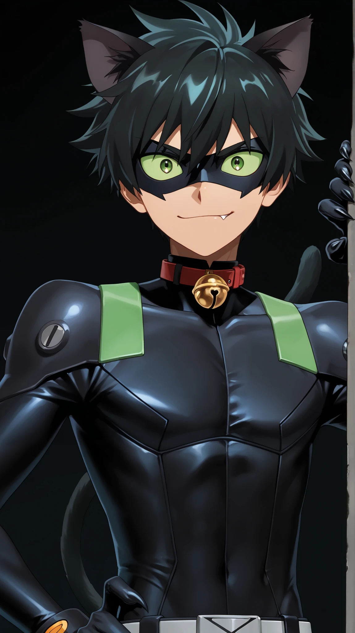 a guy anime character wear a black domino eye mask, 1boy, solo, male focus,hush_middy,1boy, cat noir,green eyes,hush_middy,uniform, collar up, pilot suit,fair skin,bell, tight black leather suit, belt tail, green eyes, green sclera, broad shoulders, black hero mask, black cat ears, clawed fingers,face focus,mysterious grin,fang out,