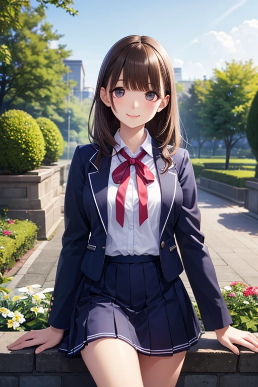 absurderes:1.8, ((beautiful clear eyes, sitting, outdoor, brown hair, bun_head)), ((school uniform, blazer, skirt、socks, loafers、showing panties, panties emphasis:1.6, panties:1.4,))、(1woman), Unity 8K Wallpaper, Masterpiece, detailed hair, highly detailed, , (wicked smile), (blush:1.3)