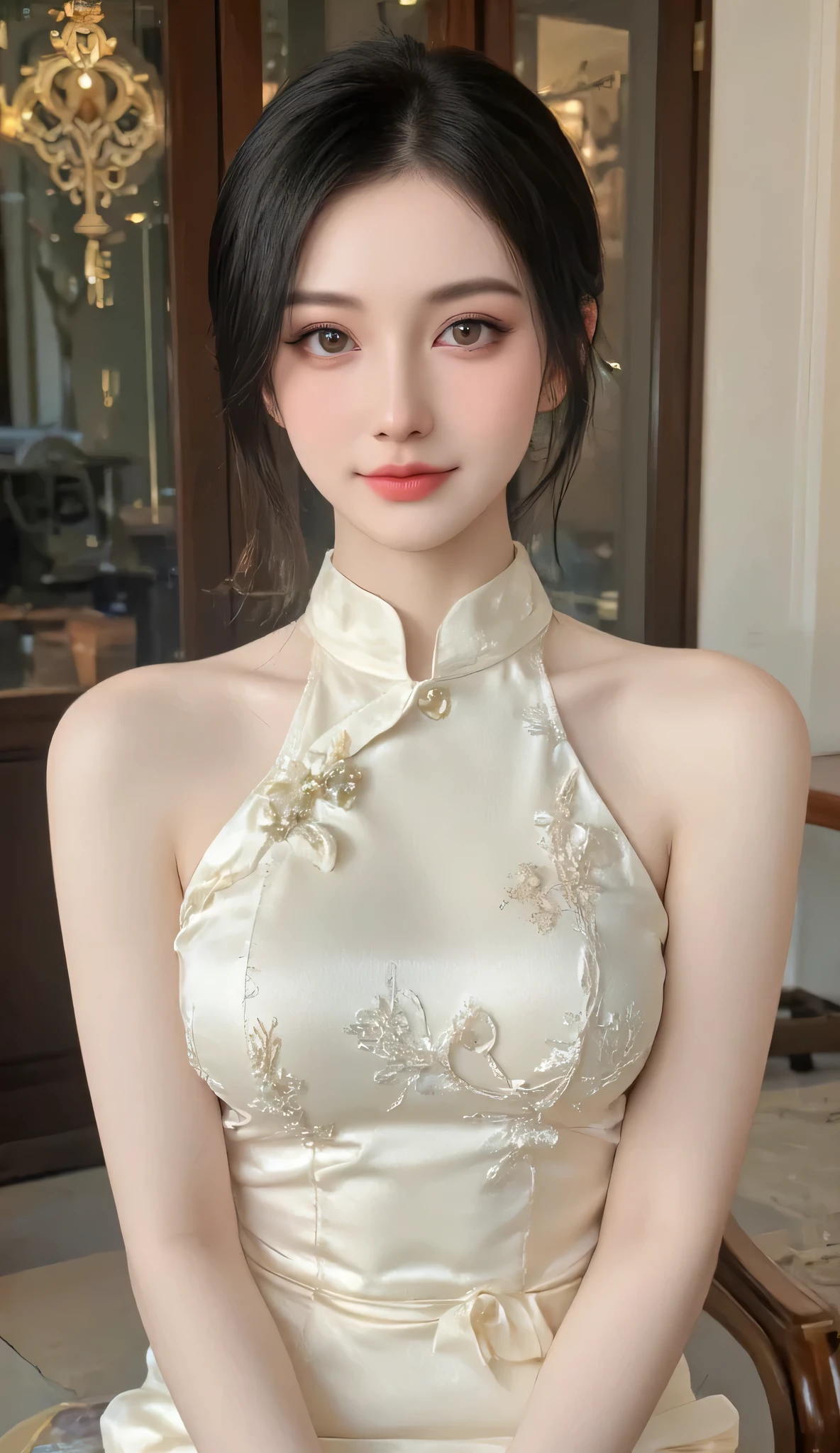 Professional candid photo of a beautiful Asian girl wearing white Vietnamese ao dai, she smiled, bright brown eyes, perfect body, bob cut, warm soft light.