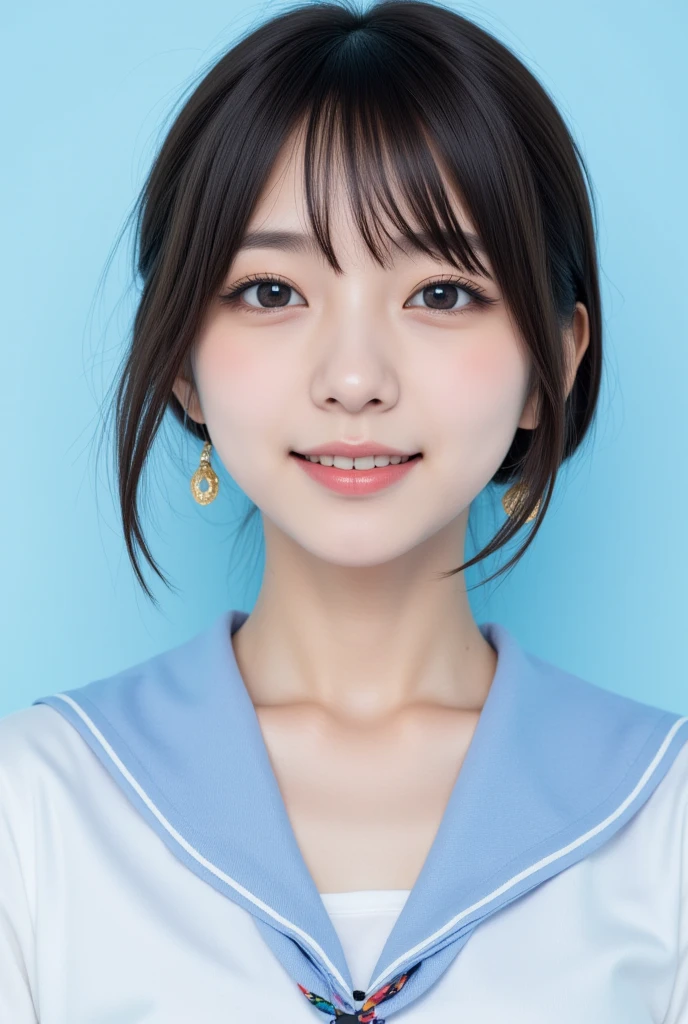 japanese cute idol, Japanese cute girl, kawaii ,1girl, solo, realistic, smile, school uniform, short hair, black hair, masterpiece, best quality, hyper detailed, insanely detailed, 16k, japanese ,photorealistic, Realism, raw photo, real person , 1girl, solo, from front, front view, front angle shot, blue back , light blue background