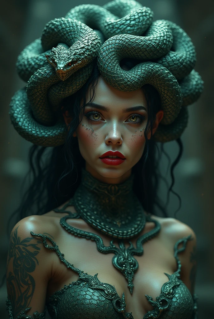 a beautiful woman with snake hair, medusa, detailed portrait, gorgeous face, piercing eyes, alluring expression, ornate headdress, snake coils around head, intricate details, dramatic lighting, moody atmosphere, dark fantasy, digital art, cinematic