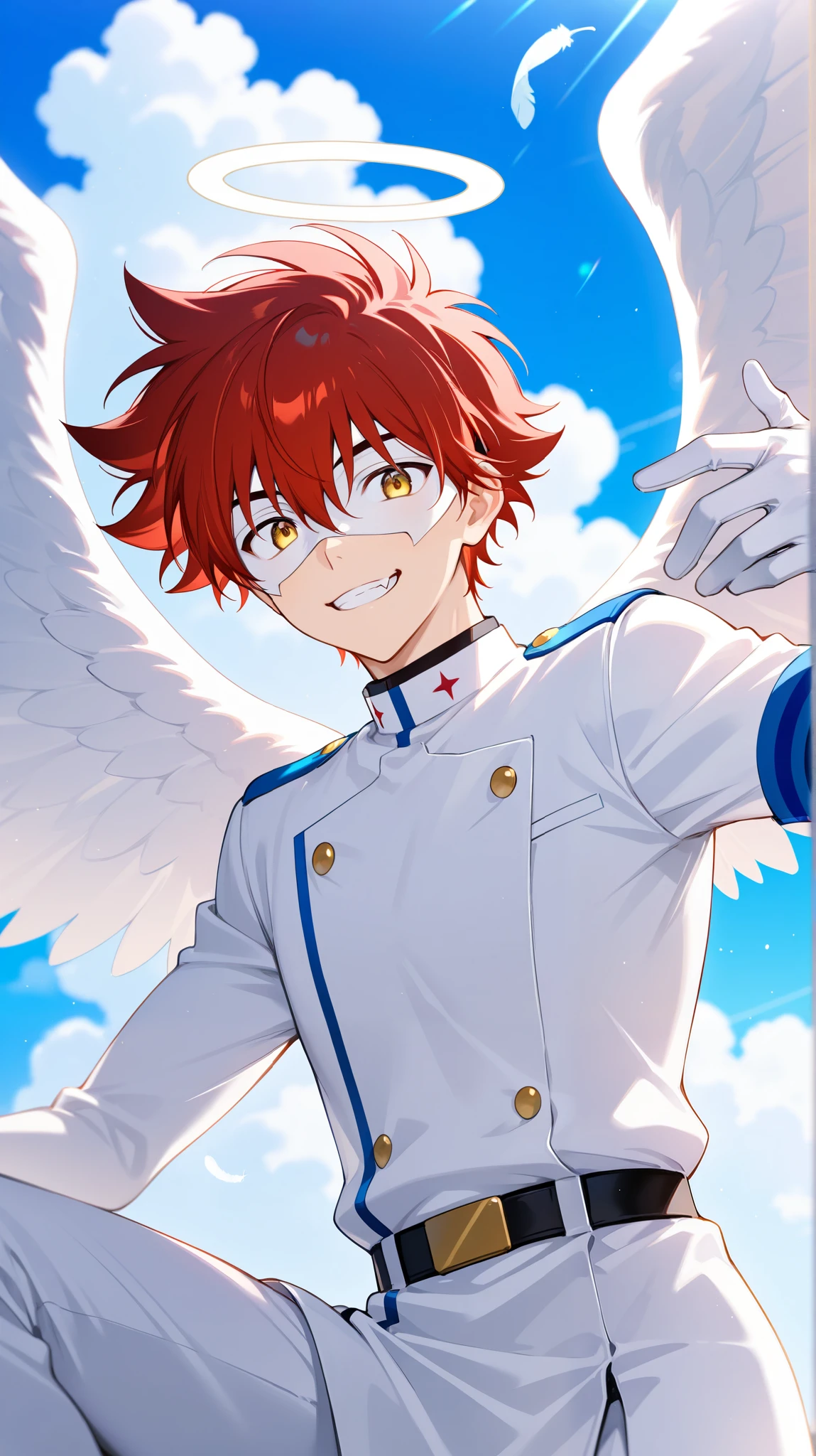 Full pure White hero masked men anime, solo, male focus,white angle uniform,white eye mask,gloves,angel,1boy,mysterious grin,fang out,male focus,big white angel wing,angel halo,golden eyes,day sky clouds heaven bankground,sunshine,light smile,male focus,playful, reki kyan, 1boy, solo, red hair,model pose,
