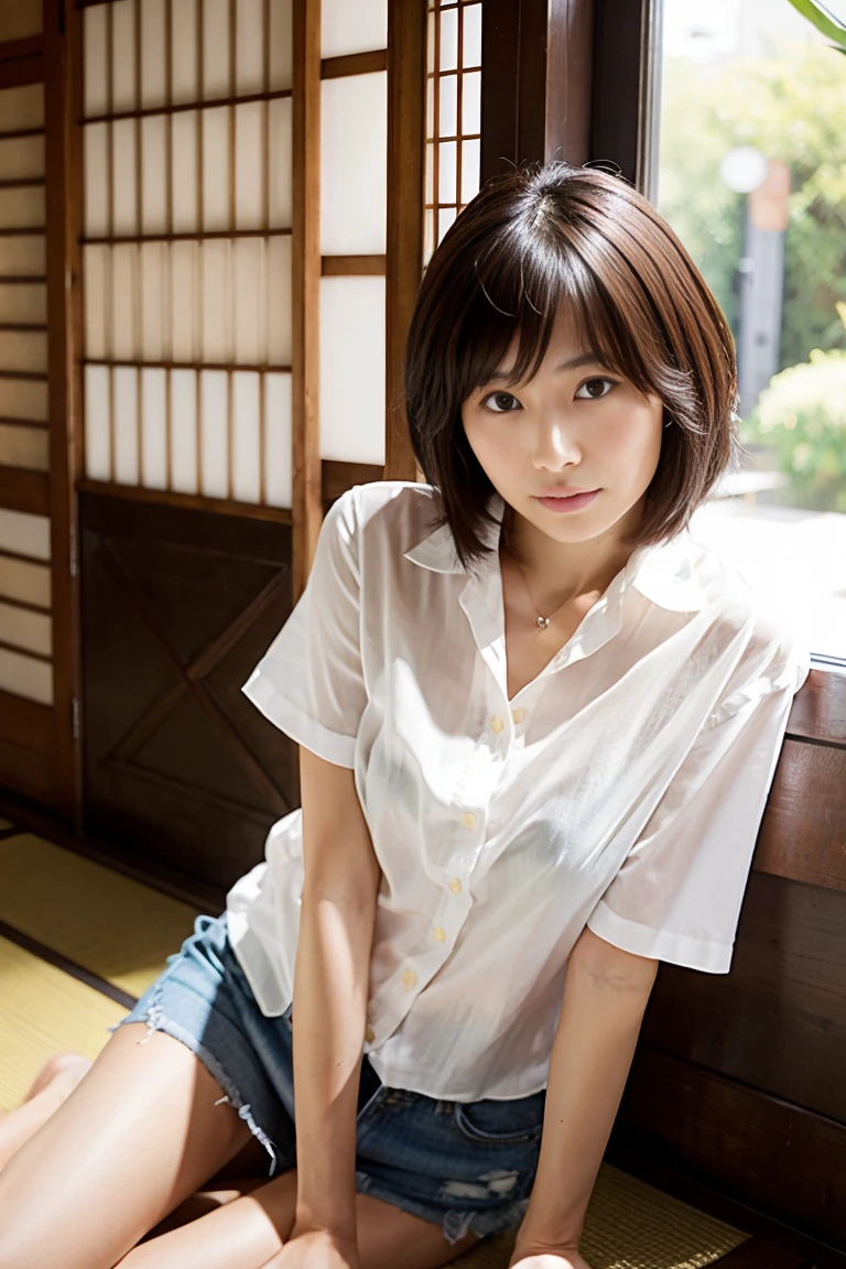 (highest quality, masterpiece, ultra high resolution:1.2), (realistic:1.3), (RAW photo:1.3), 8K, 16k, 32K, 1 girl, ultra high resolution, professional artwork, Super detailed, Complex, detailed face, 1 girl, (japanese girl:1.3), (alone, whole body, wide shot, 18-year-old:1.3), short hair, boyish pose, boyish hairstyle, room, jeans, oversized gourmet