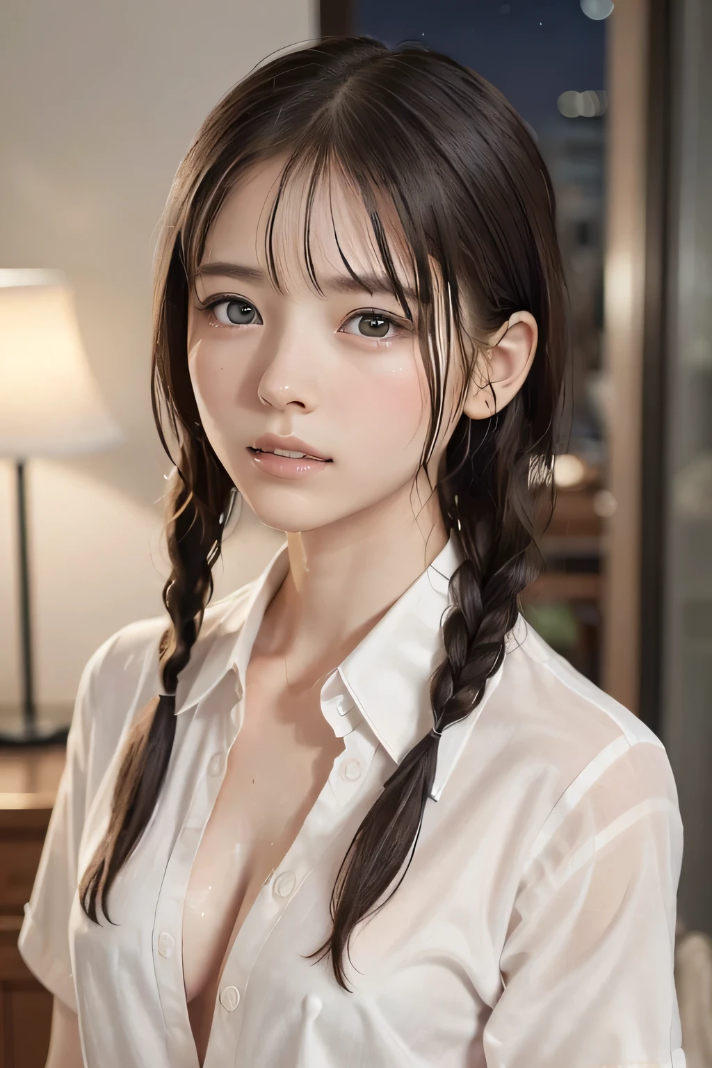 (8k, RAW photo, photorealistic:1.25), (Soaking wet hair, wet short two braids hair, Soaking sweaty hair:1.5), (lip gloss, eyelashes, Shiny surface, Glossy Skin, best quality, ultra highres, allows depth of field, Color Difference , caustics, blow lighting , Natural Shading, kpop idol), (cleavage, flat chest, naked white shirt, nude, short sleeve shirt, Unbuttoned shirt:1.7), crying, tears, tearing, sadness, (dark background, indoor, dark bedroom, night view:1.4)