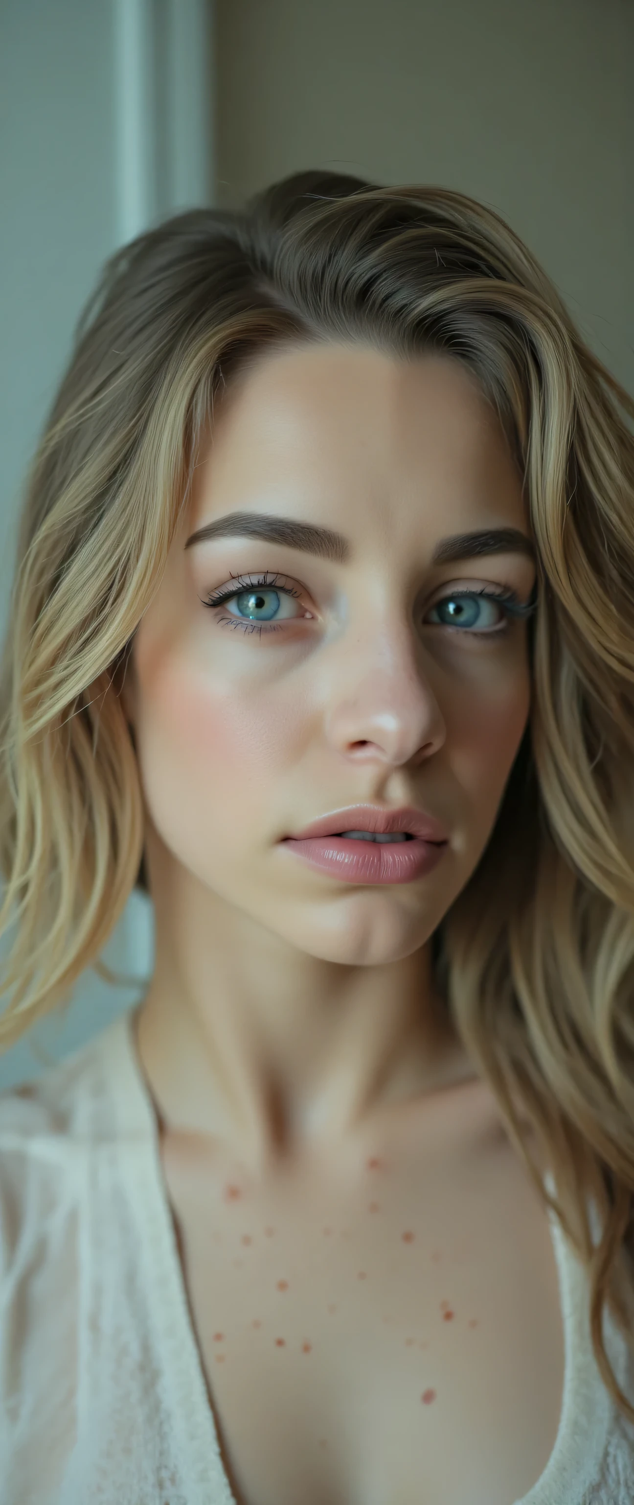 Sexy Sharp nose ethereal aesthetic,pale skin lady, translucent Skin,PERFECT MASTERPIECE, EXTREMELY DETAILED CG UNITY 32K UHD QUALITY RESOLUTION WALLPAPER, PHOTOREALISTIC, RAW PHOTO, PERFECT PHOTOGENIC CLARITY, OFFICIAL ART, AWARD-WINNING PORTRAIT, ULTRA HYPER-REALISTIC, ULTRA HYPER-DETAILED, SHINY REALISTIC SKIN, RAY TRACING, UNREAL ENGINE 5.8K, GLOWING AMBIENT LIGHT cyberpunk,adorable face portrait,bow-shaped lips,She has very large,saggy breasts with prominent,detailed nipples. She has a sexy waist,and sexy curves. She is ultra-busty,with giant,heavy,natural-looking breasts that appear both fit and exaggerated in size. Heterochromia,looking out an open window,hair blowing in wind,picture taken from outside of window