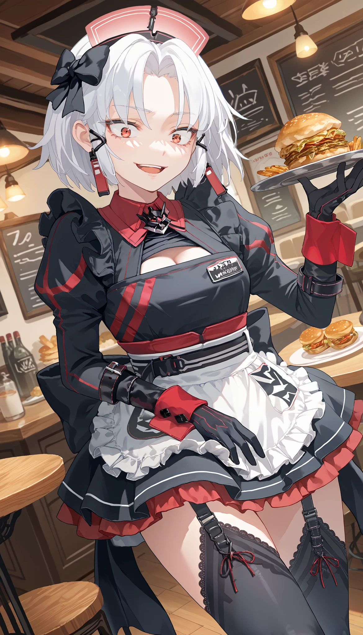 score_9, score_8_up, score_7_up, score_6_up, score_5_up, score_4_up, source_anime,newest,game cg,dutch angle,1girl,solo,drakemaid, short hair, white hair, red eyes, maid, maid headdress, hair bow, cleavage cutout, puffy sleeves, apron, black gloves, black thighhighs, garter straps,crazy smile,open mouth,restaurant,
