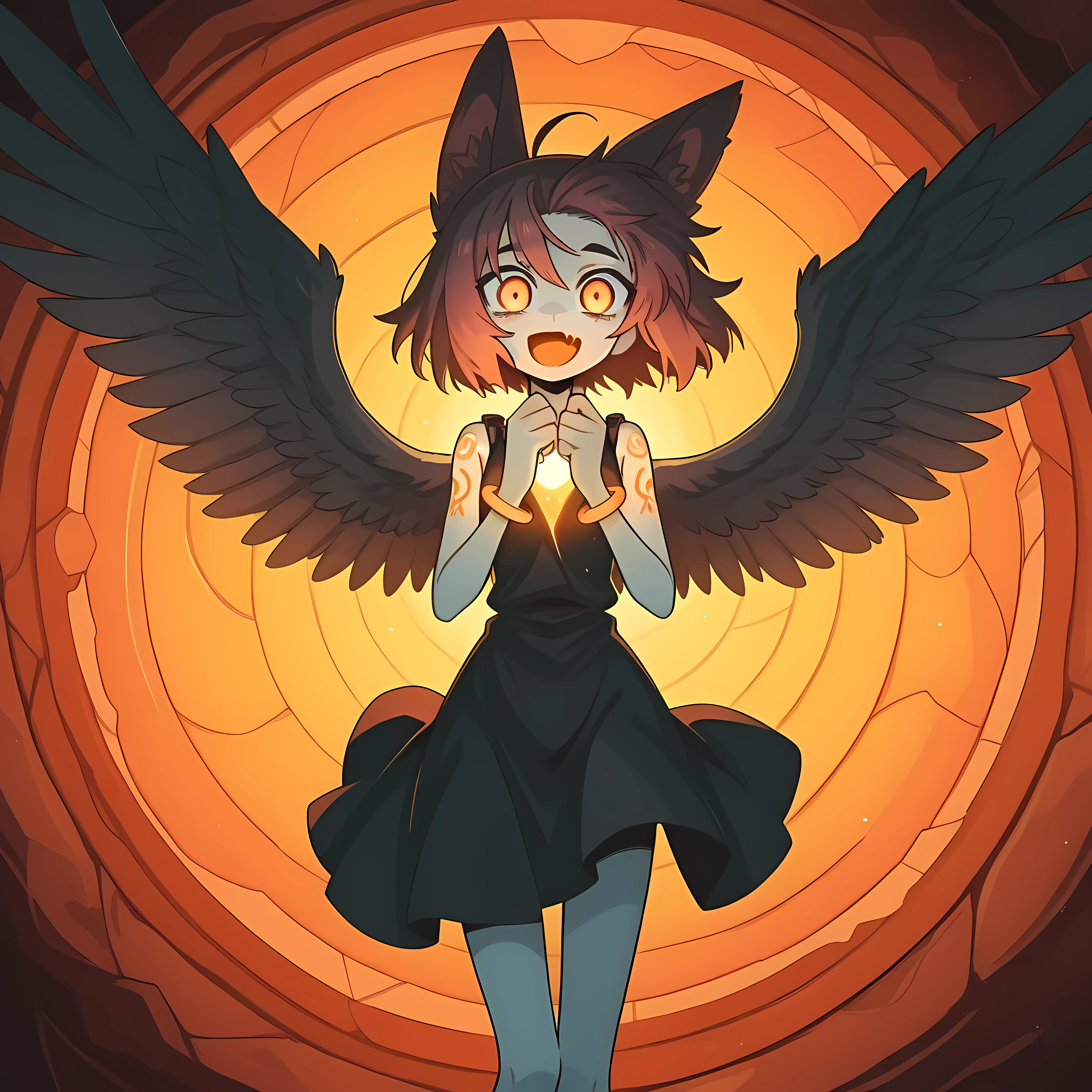 masterpiece, best quality, amazing quality, very aesthetic, high resolution, ultra-detailed, absurdres, newest, Anime screencap, highly detailed, high quality, hyper-Detailed, mistico_ILL. BREAK. 1girl, solo, looking at viewer, smile, open mouth, short hair, brown hair, black hair, dress, animal ears, jewelry, wings, sleeveless, fang, black dress, bracelet, hands up, orange eyes, tattoo, glowing, monster girl, skin fang, floating, orange background