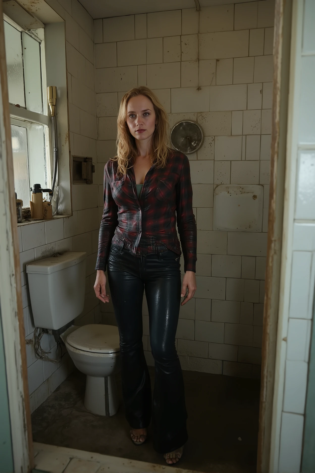 a woman in the bathroom, wearing flared jeans, flannel shirt, and high heels, sludge covered clothes, detailed realistic portrait, extreme high quality, ultra-detailed, realistic, photorealistic, photo-realistic, sharp focus, physically-based rendering, vivid colors, darkness, studio lighting, cinematic, moody atmosphere, dark shadows, natural lighting, intricate details, hyper-realistic, masterpiece, award winning