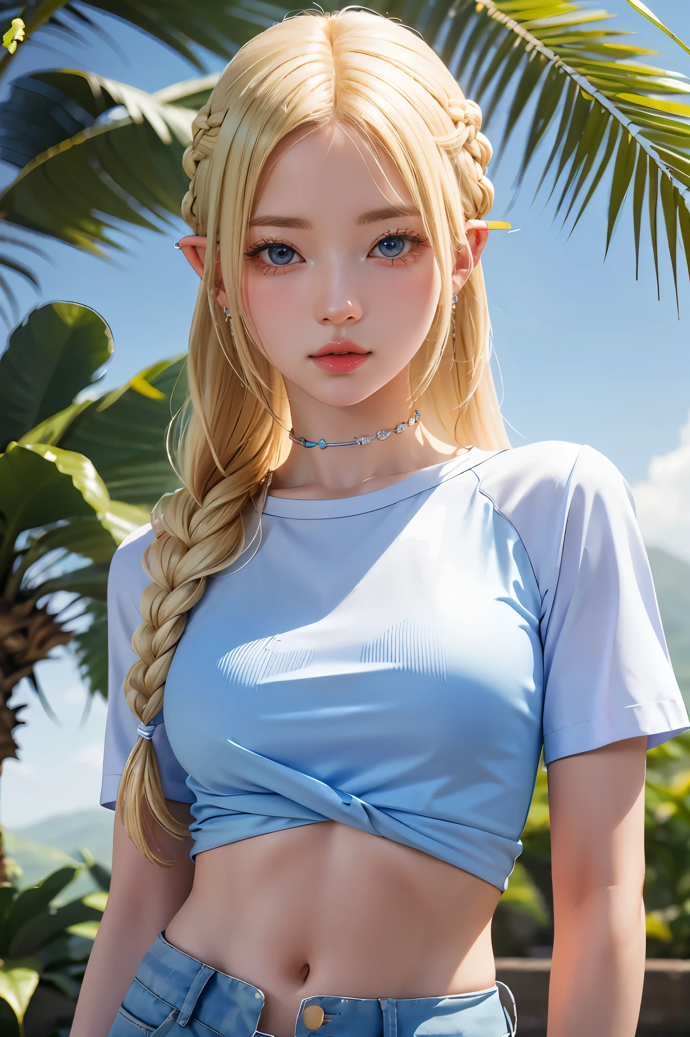 1girl, blonde hair, pointy ears, blue eyes, clothes lift, solo, hair ornament, hairclip, long hair, shirt lift, braid, looking at viewer, lips, lifted by self, horse, upper body, navel, day,white shirt,