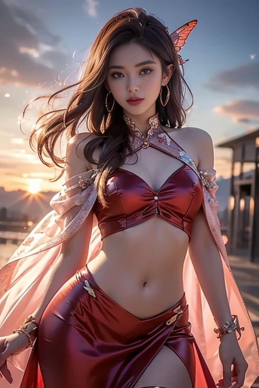 8K, ultra hd, masterpiece, hd colors, 1 girl, perfect face, very long curly hair, detailed eyes, detailed dress, ((red anddress)), stocking, flower lace, ((mesh ribbon)), sardine, straps, net clothing, loops, ((flowing cape)), bare navel, jwellery, waterside, Realistic scenery, epic scenery, sun rising, night, clouds, Butterfly, blossom, blowing wind, perfect pose, ray tracing, bloom, upper body, sitting,