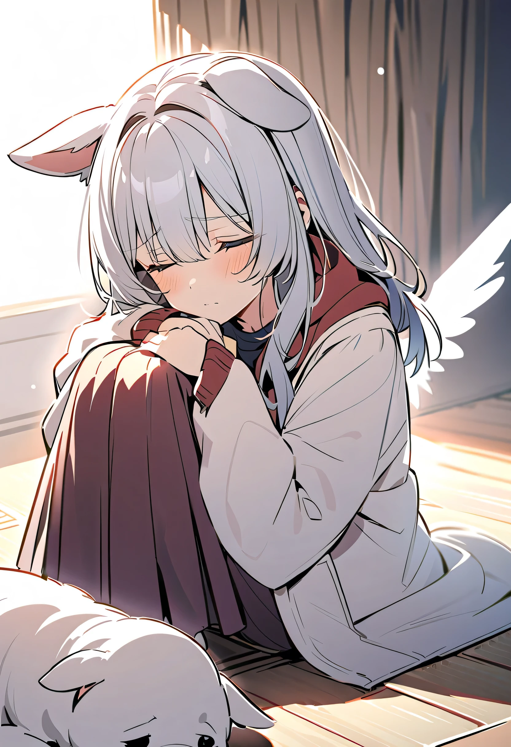 winter，  sad，                  girl with dog ears  ，  Silver Hair，       White Dog Ears  ，   melancholy ，凄く melancholy ， I'm flapping my wings on the floor， depressed， with a bleak expression，despair