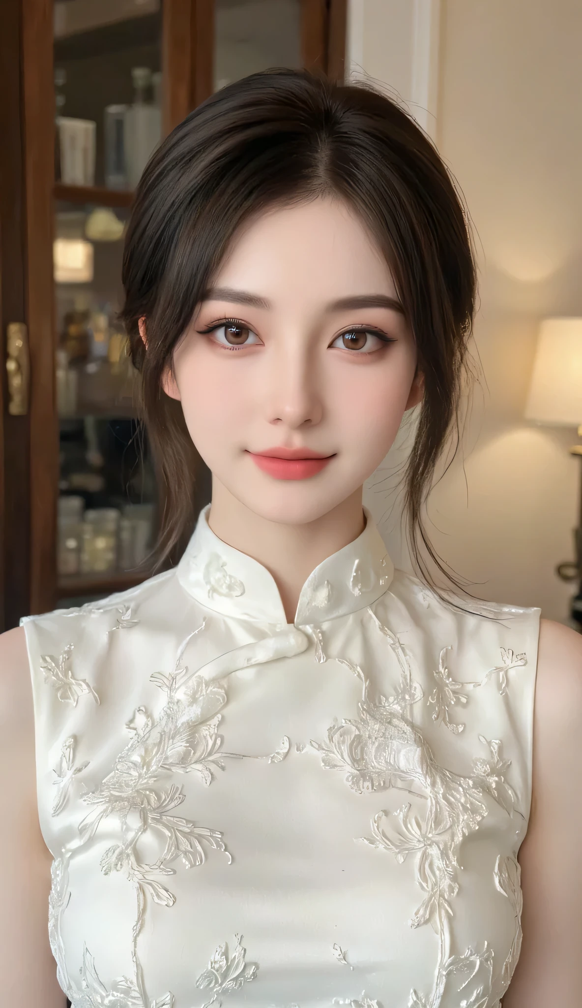 Professional candid photo of a beautiful Asian girl wearing a white intricately patterned Vietnamese ao dai, she smiles lovely, bright brown eyes, short brown bob hair, warm soft light.